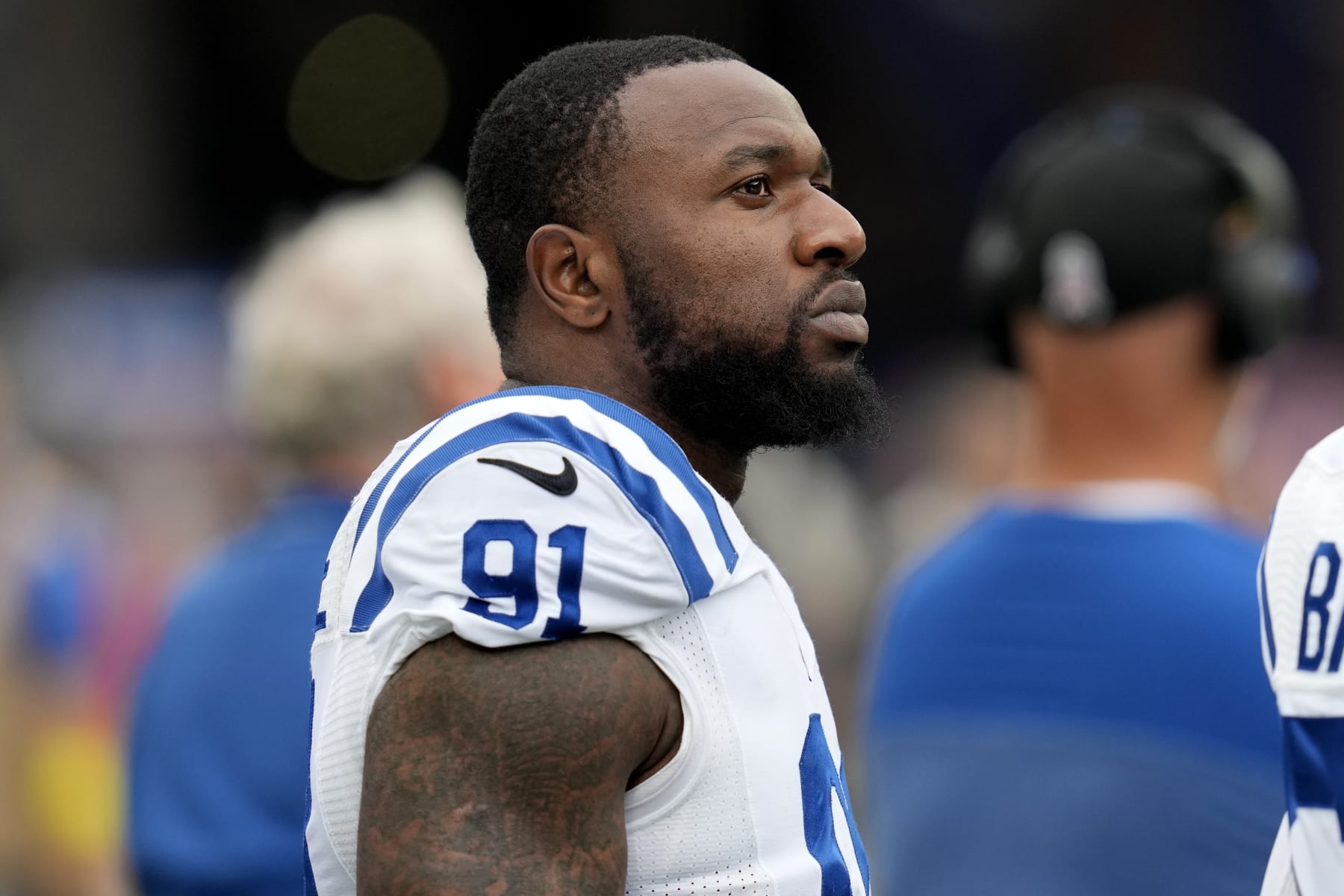 Indianapolis Colts defensive end Yannick Ngakoue (91) during an NFL football games, Sunday, Nov. 6, 2022, in Foxborough, Mass. (AP Photo/Charles Krupa)