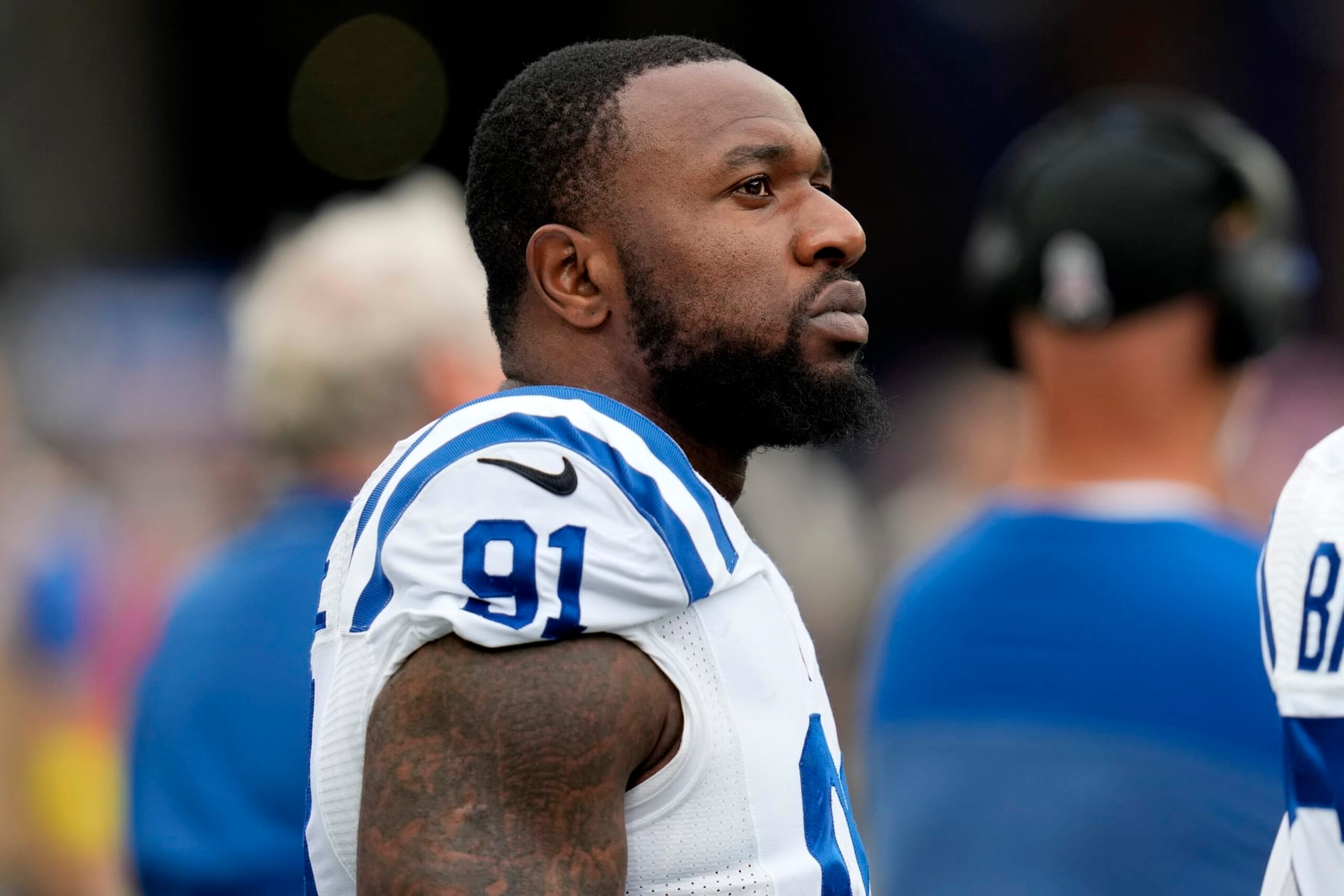 Indianapolis Colts defensive end Yannick Ngakoue (91) during an NFL football games, Sunday, Nov. 6, 2022, in Foxborough, Mass. (AP Photo/Charles Krupa)