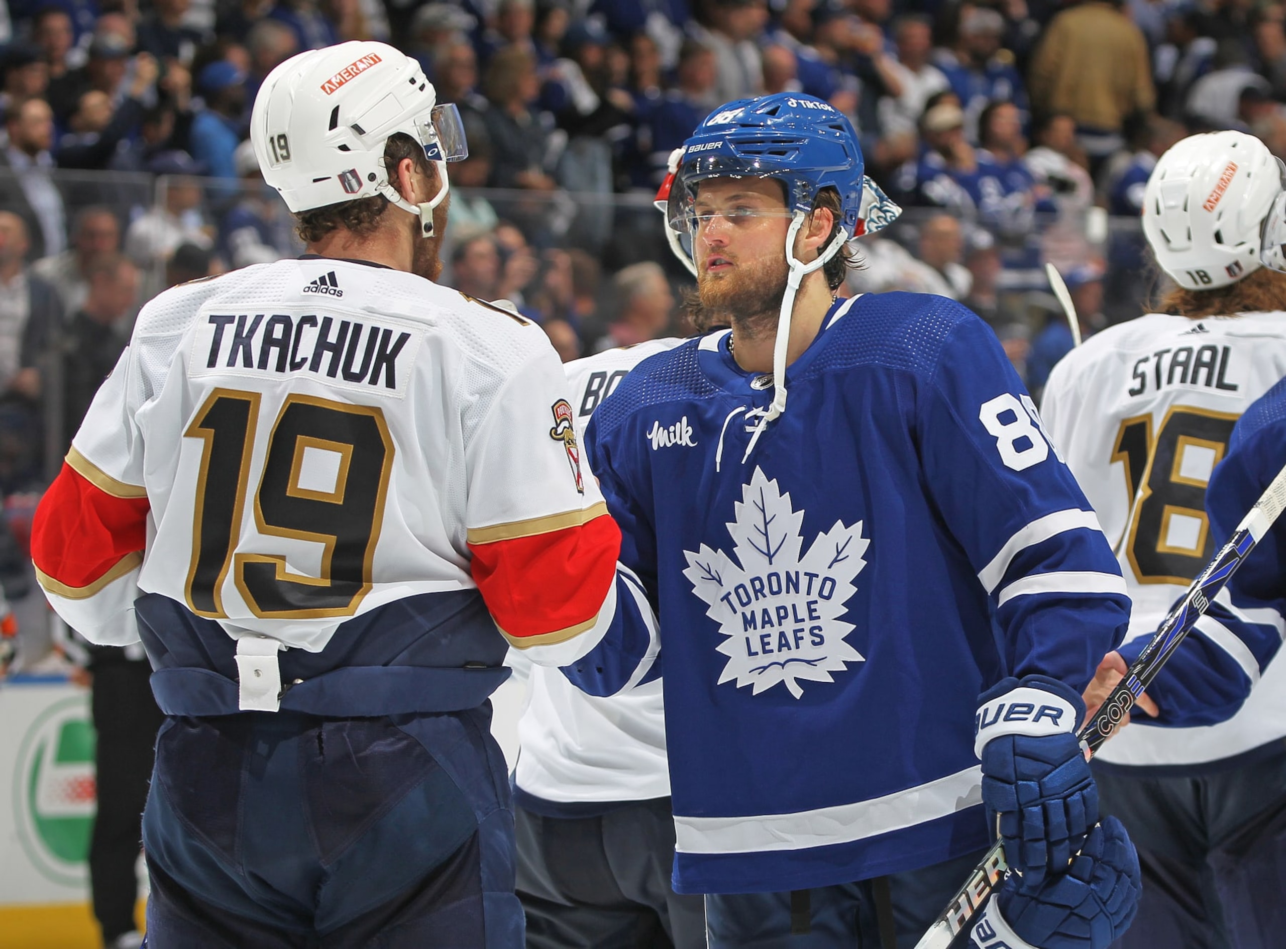 TORONTO, CANADA - MAY 12: William Nylander #88 of the Toronto Maple Leafs congratulates Matthew Tkachuk #19 of the Florida Panthers after Game Five of the Second Round of the 2023 Stanley Cup Playoffs at Scotiabank Arena on May 12, 2023 in Toronto, Ontario, Canada. The Panthers defeated the Maple Leafs 3-2 in overtime. (Photo by Claus Andersen/Getty Images) TORONTO, CANADA - MAY 12: William Nylander #88 of the Toronto Maple Leafs congratulates Matthew Tkachuk #19 of the Florida Panthers after Game Five of the Second Round of the 2023 Stanley Cup Playoffs at Scotiabank Arena on May 12, 2023 in Toronto, Ontario, Canada. The Panthers defeated the Maple Leafs 3-2 in overtime. (Photo by Claus Andersen/Getty Images)