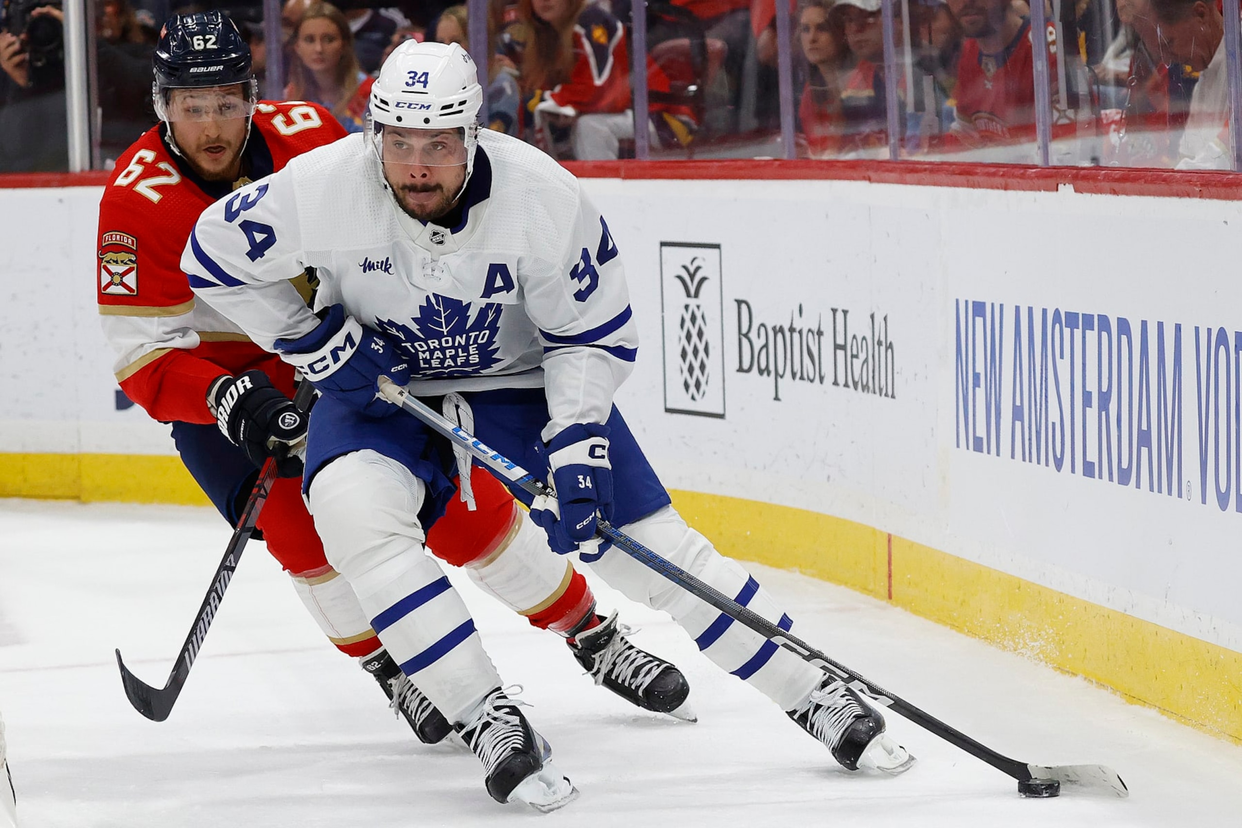SUNRISE, FLORIDA - MAY 10: Auston Matthews #34 of the Toronto Maple Leafs skates with the puck against Brandon Montour #62 of the Florida Panthers in Game Four of the Second Round of the 2023 Stanley Cup Playoffs at the FLA Live Arena on May 10, 2023 in Sunrise, Florida. (Photo by Eliot J. Schechter/NHLI via Getty Images) SUNRISE, FLORIDA - MAY 10: Auston Matthews #34 of the Toronto Maple Leafs skates with the puck against Brandon Montour #62 of the Florida Panthers in Game Four of the Second Round of the 2023 Stanley Cup Playoffs at the FLA Live Arena on May 10, 2023 in Sunrise, Florida. (Photo by Eliot J. Schechter/NHLI via Getty Images)