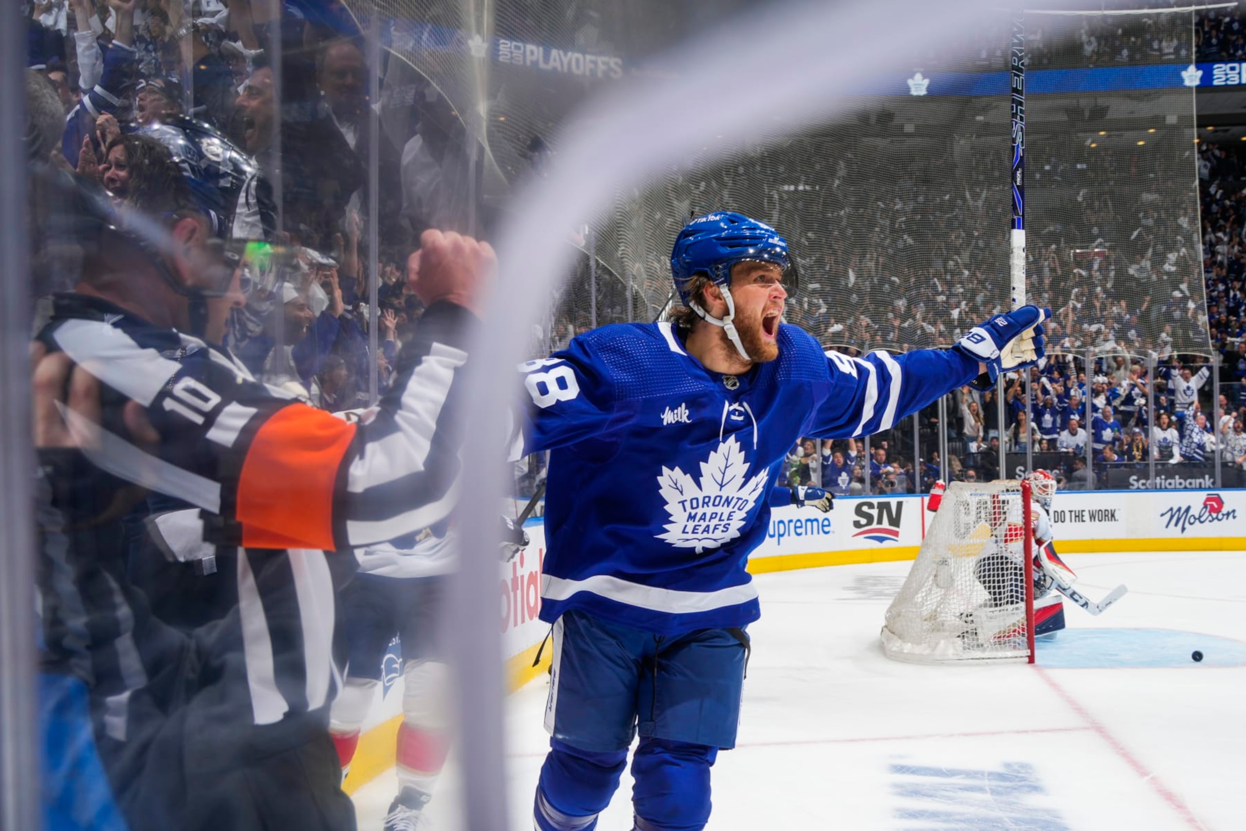 TORONTO, ON - MAY 12: William Nylander #88 of the Toronto Maple Leafs celebrates his goal against the Florida Panthers during the third period in Game Five of the Second Round of the 2023 Stanley Cup Playoffs at the Scotiabank Arena on May 12, 2023 in Toronto, Ontario, Canada. (Photo by Mark Blinch/NHLI via Getty Images) TORONTO, ON - MAY 12: William Nylander #88 of the Toronto Maple Leafs celebrates his goal against the Florida Panthers during the third period in Game Five of the Second Round of the 2023 Stanley Cup Playoffs at the Scotiabank Arena on May 12, 2023 in Toronto, Ontario, Canada. (Photo by Mark Blinch/NHLI via Getty Images)