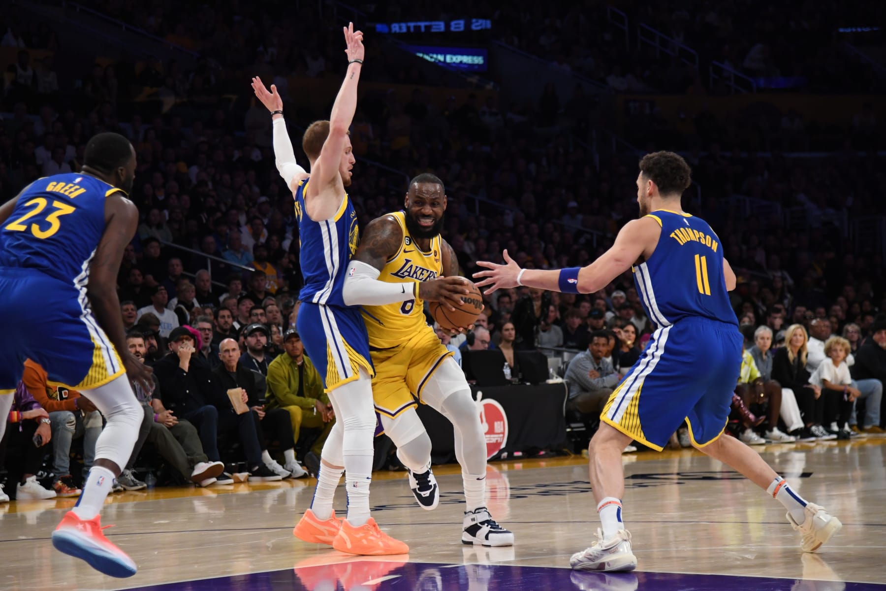 LOS ANGELES, CA - MAY 12: LeBron James #6 of the Los Angeles Lakers drives to the basket during Game Six of the Western Conference Semi-Finals of the 2023 NBA Playoffs against the Golden State Warriors on May 12, 2023 at Crypto.com Arena in Los Angeles, California. NOTE TO USER: User expressly acknowledges and agrees that, by downloading and/or using this Photograph, user is consenting to the terms and conditions of the Getty Images License Agreement. Mandatory Copyright Notice: Copyright 2023 NBAE (Photo by Noah Graham/NBAE via Getty Images)