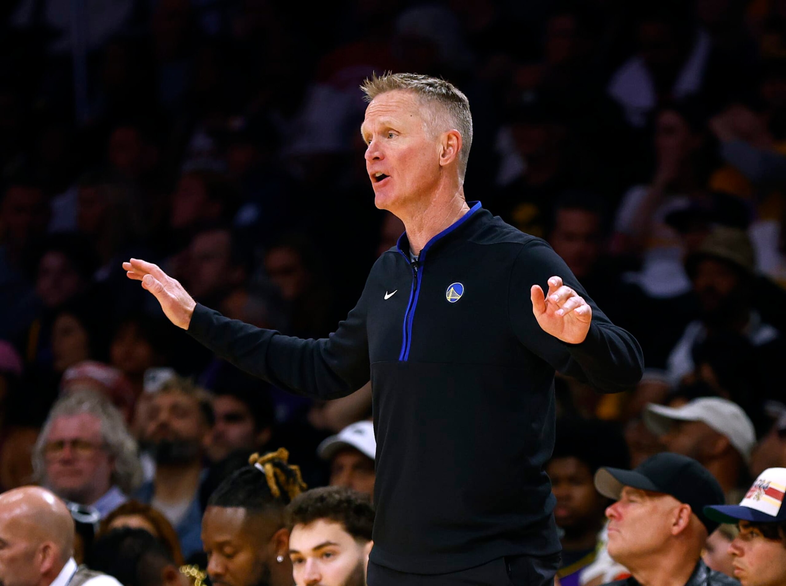 LOS ANGELES, CALIFORNIA - MAY 06: Steve Kerr of the Golden State Warriors reacts to play on the sidelines during the first half against the Los Angeles Lakers in game three of the Western Conference Semifinal Playoffs at Crypto.com Arena on May 06, 2023 in Los Angeles, California. NOTE TO USER: User expressly acknowledges and agrees that, by downloading and or using this photograph, User is consenting to the terms and conditions of the Getty Images License Agreement.  (Photo by Ronald Martinez/Getty Images)