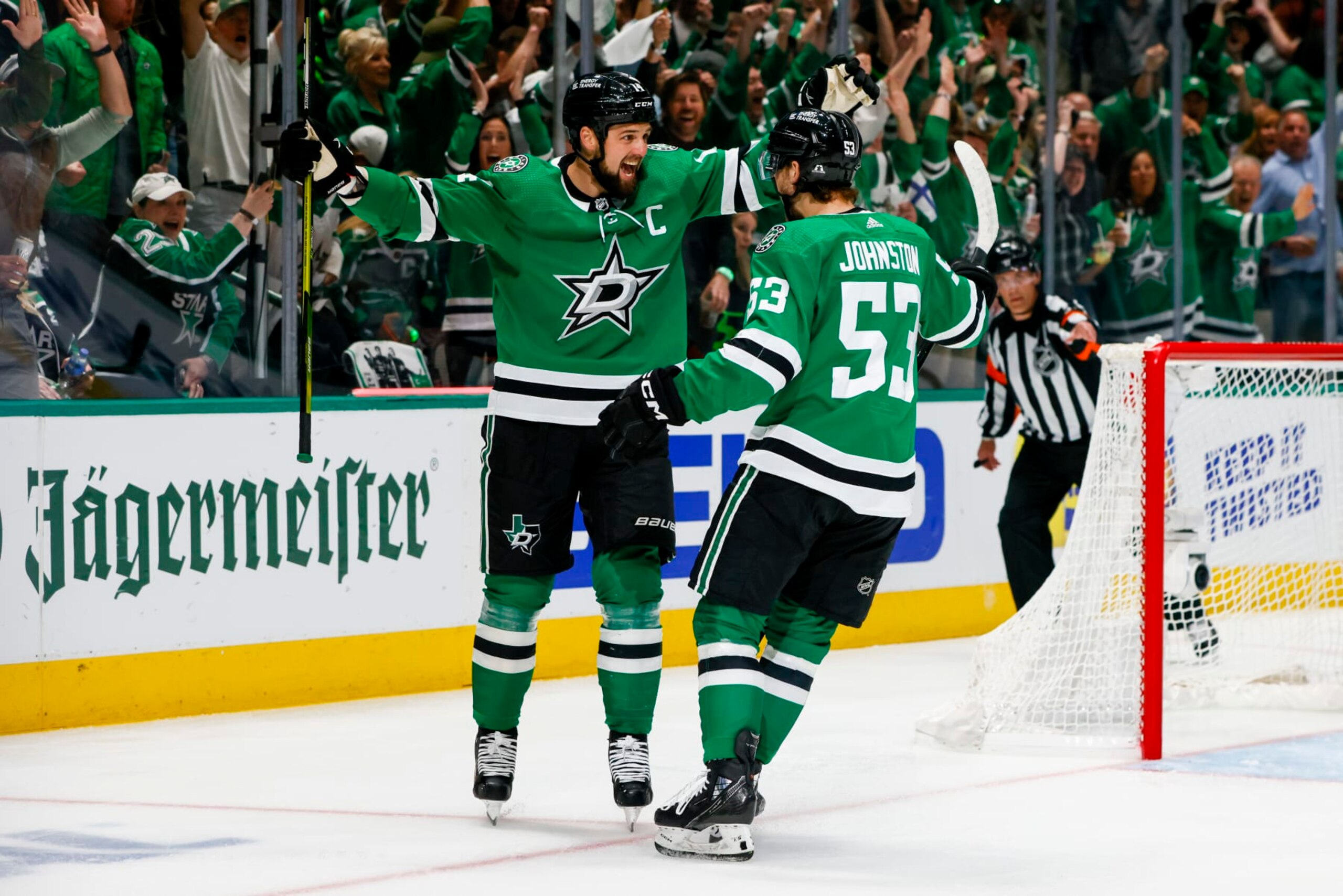 DALLAS, TX - MAY 11: Dallas Stars center Wyatt Johnston (53) celebrates with left wing Jamie Benn (14) after scoring a goal during the Western Conference Second Round game 5 between the Dallas Stars and the Seattle Kraken on May 11, 2023 at American Airlines Center in Dallas, Texas. (Photo by Matthew Pearce/Icon Sportswire via Getty Images) DALLAS, TX - MAY 11: Dallas Stars center Wyatt Johnston (53) celebrates with left wing Jamie Benn (14) after scoring a goal during the Western Conference Second Round game 5 between the Dallas Stars and the Seattle Kraken on May 11, 2023 at American Airlines Center in Dallas, Texas. (Photo by Matthew Pearce/Icon Sportswire via Getty Images)