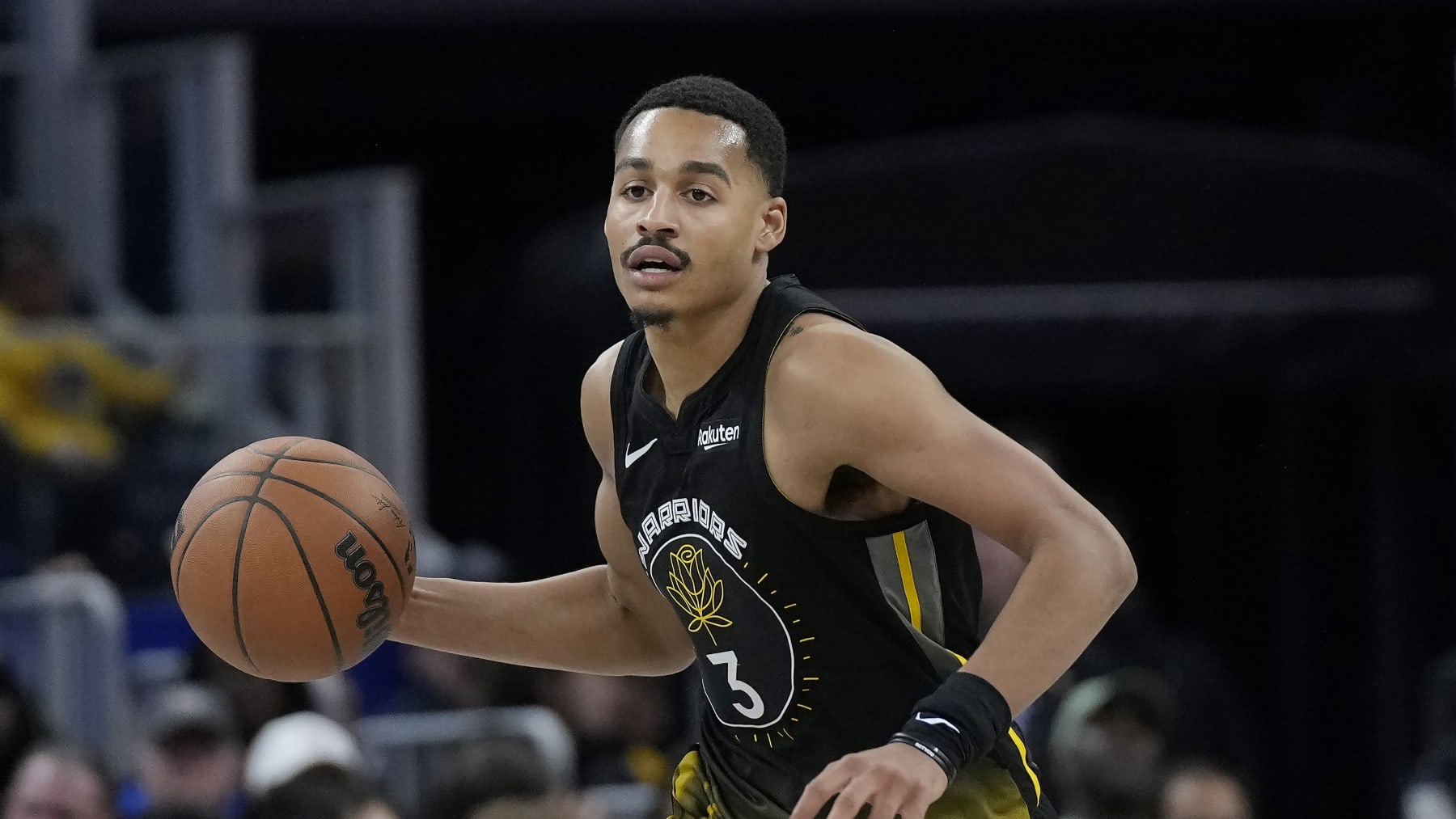 Golden State Warriors guard Jordan Poole (3) during Game 1 of the NBA basketball Western Conference semifinals against the Los Angeles Lakers in San Francisco, Tuesday, May 2, 2023. (AP Photo/Jeff Chiu)