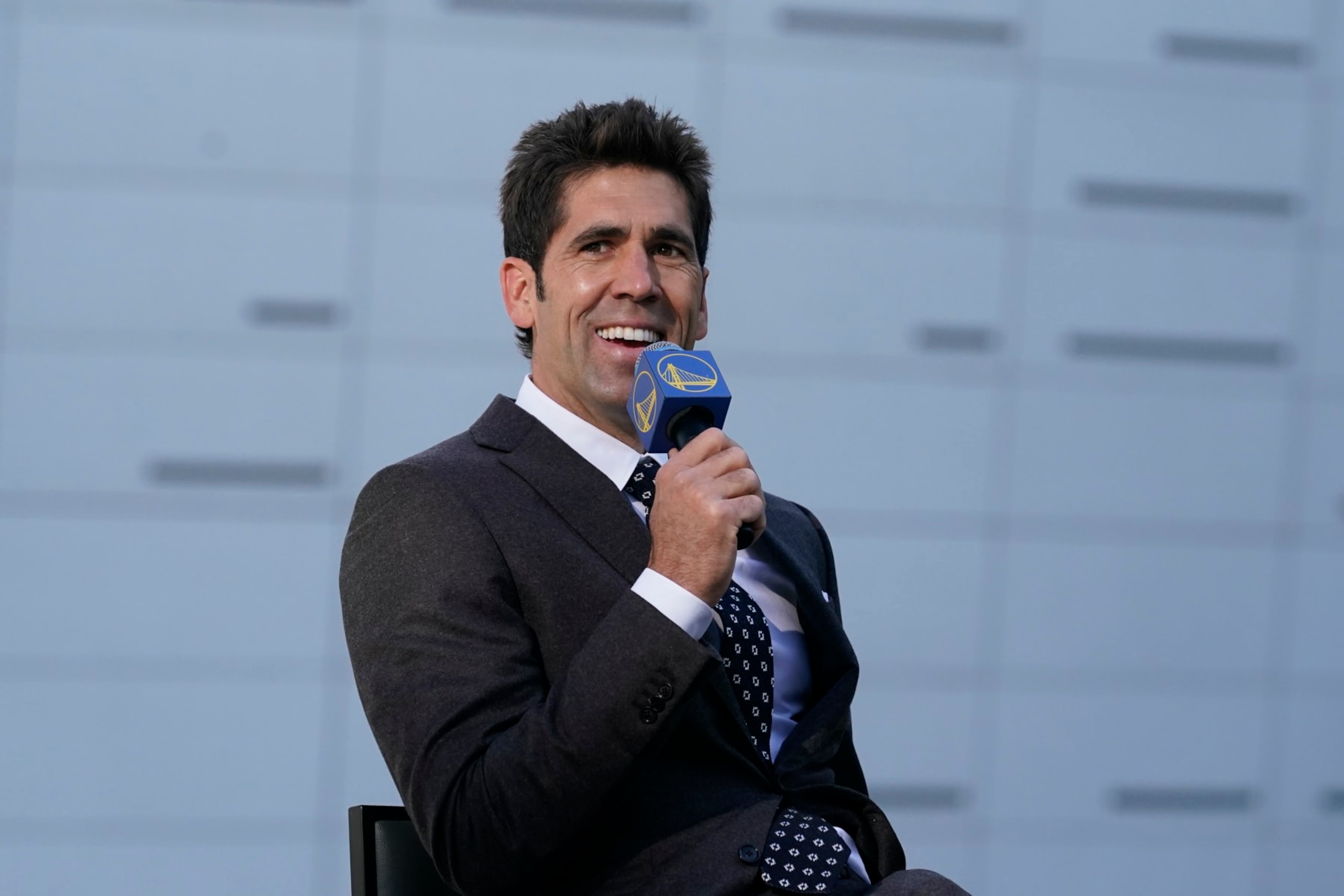 Golden State Warriors president of basketball operations and general manager Bob Myers in San Francisco, Thursday, Nov. 19, 2020. (AP Photo/Jeff Chiu)