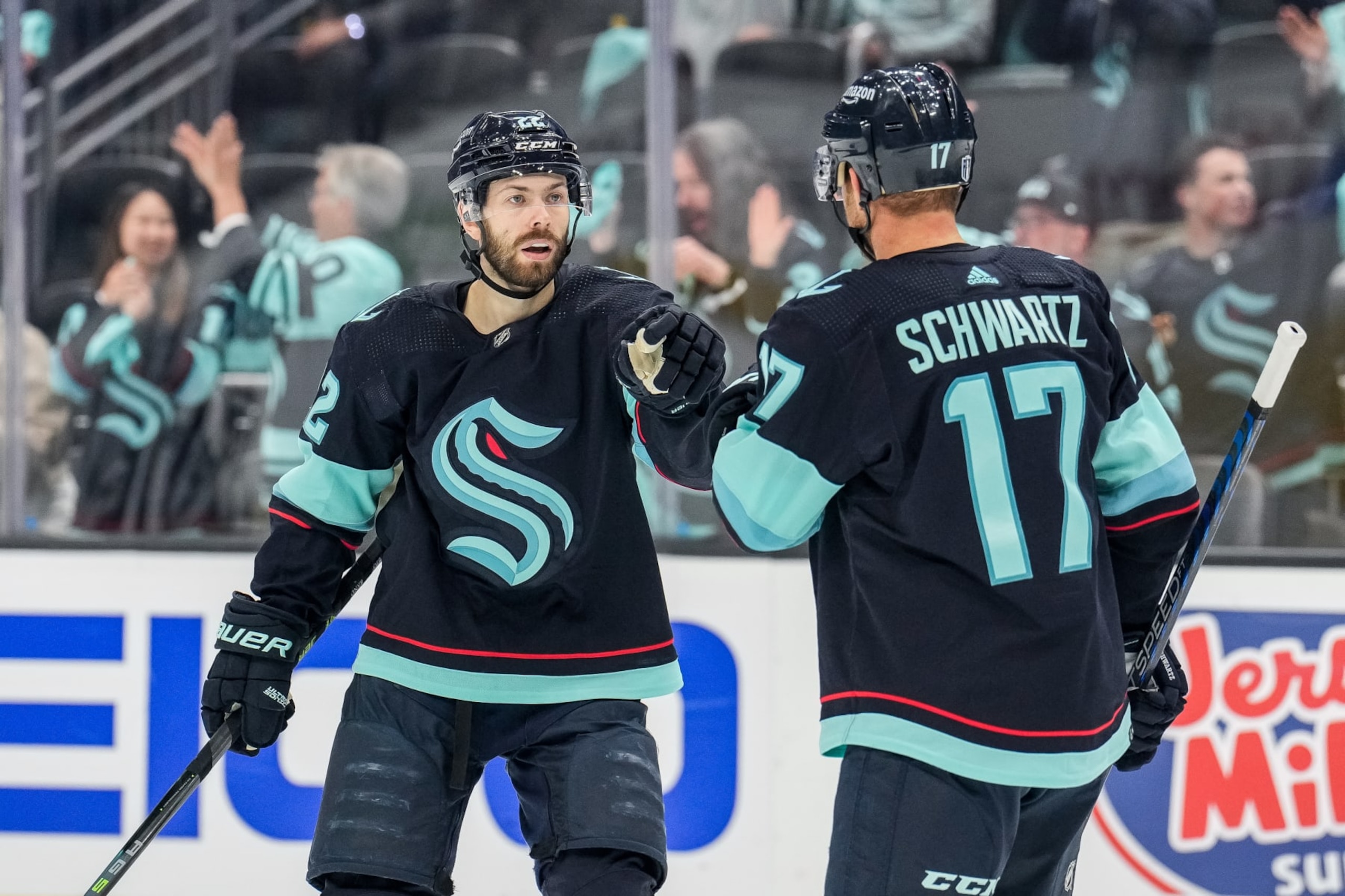 SEATTLE, WASHINGTON - MAY 9:Oliver Bjorkstrand #22 celebrates his goal with Jaden Schwartz #17 of the Seattle Kraken during the third period against the Dallas Stars in Game Four of the Second Round of the 2023 Stanley Cup Playoffs at Climate Pledge Arena on May 9, 2023 in Seattle, Washington. (Photo by Christopher Mast/NHLI via Getty Images) SEATTLE, WASHINGTON - MAY 9:Oliver Bjorkstrand #22 celebrates his goal with Jaden Schwartz #17 of the Seattle Kraken during the third period against the Dallas Stars in Game Four of the Second Round of the 2023 Stanley Cup Playoffs at Climate Pledge Arena on May 9, 2023 in Seattle, Washington. (Photo by Christopher Mast/NHLI via Getty Images)