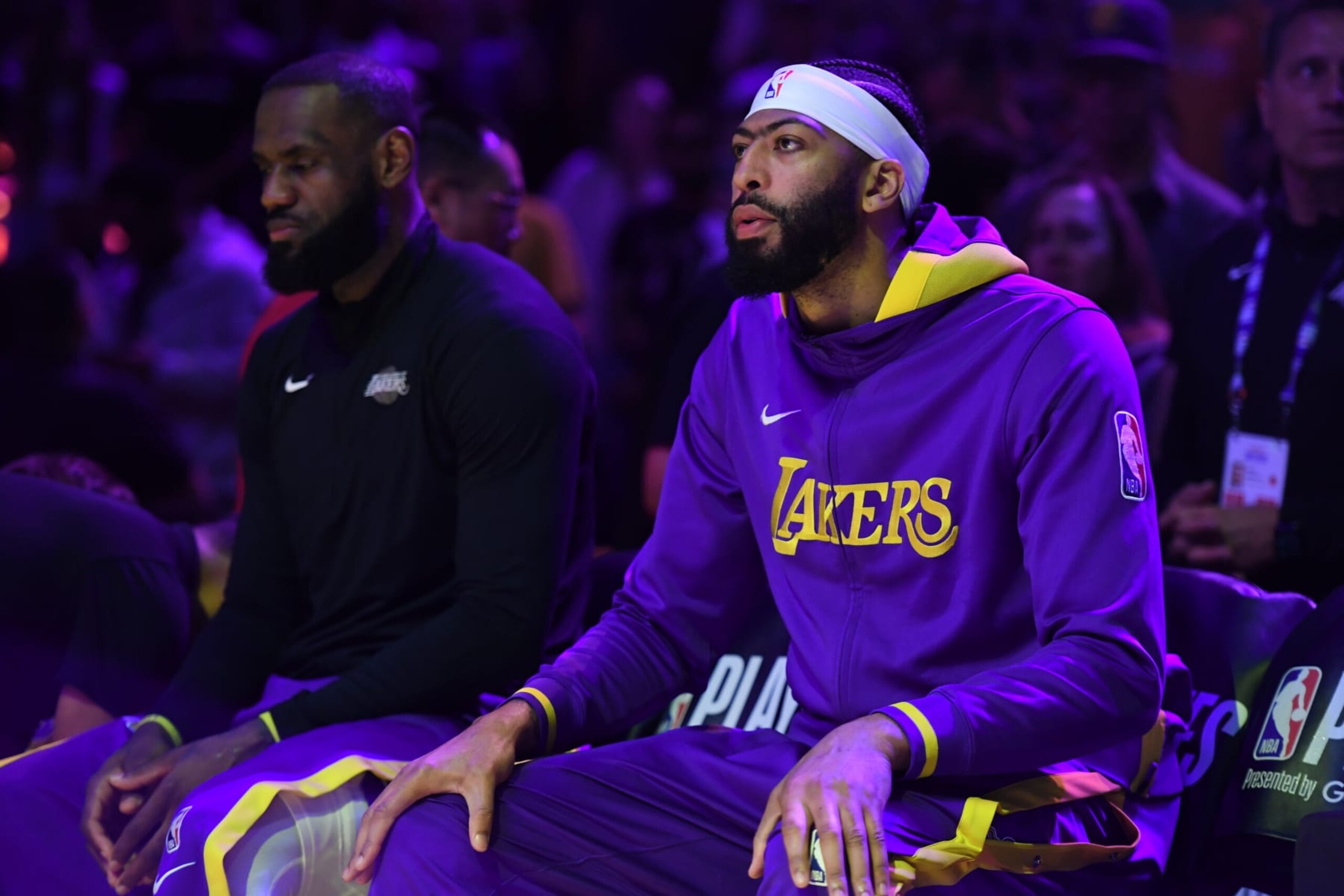 LOS ANGELES, CA - MAY 12: Anthony Davis #3 of the Los Angeles Lakers sits on the bench during Game 6 of the Western Conference Semi-Finals 2023 NBA Playoffs on May 12, 2023 at Crypto.Com Arena in Los Angeles, California. NOTE TO USER: User expressly acknowledges and agrees that, by downloading and/or using this Photograph, user is consenting to the terms and conditions of the Getty Images License Agreement. Mandatory Copyright Notice: Copyright 2023 NBAE (Photo by Andrew D. Bernstein/NBAE via Getty Images)