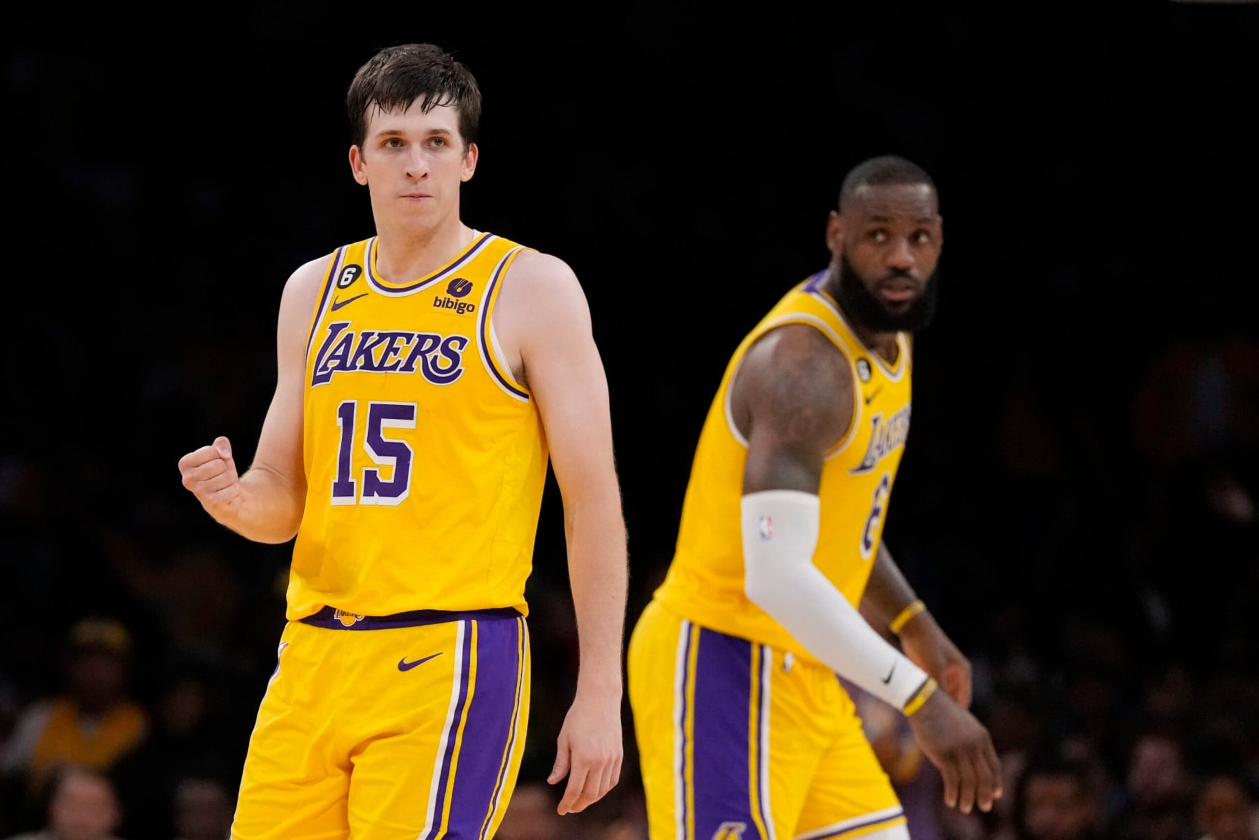 Los Angeles Lakers guard Austin Reaves (15) pumps his fist after scoring during the second half in Game 6 of an NBA basketball Western Conference semifinal series Friday, May 12, 2023, in Los Angeles. (AP Photo/Ashley Landis)