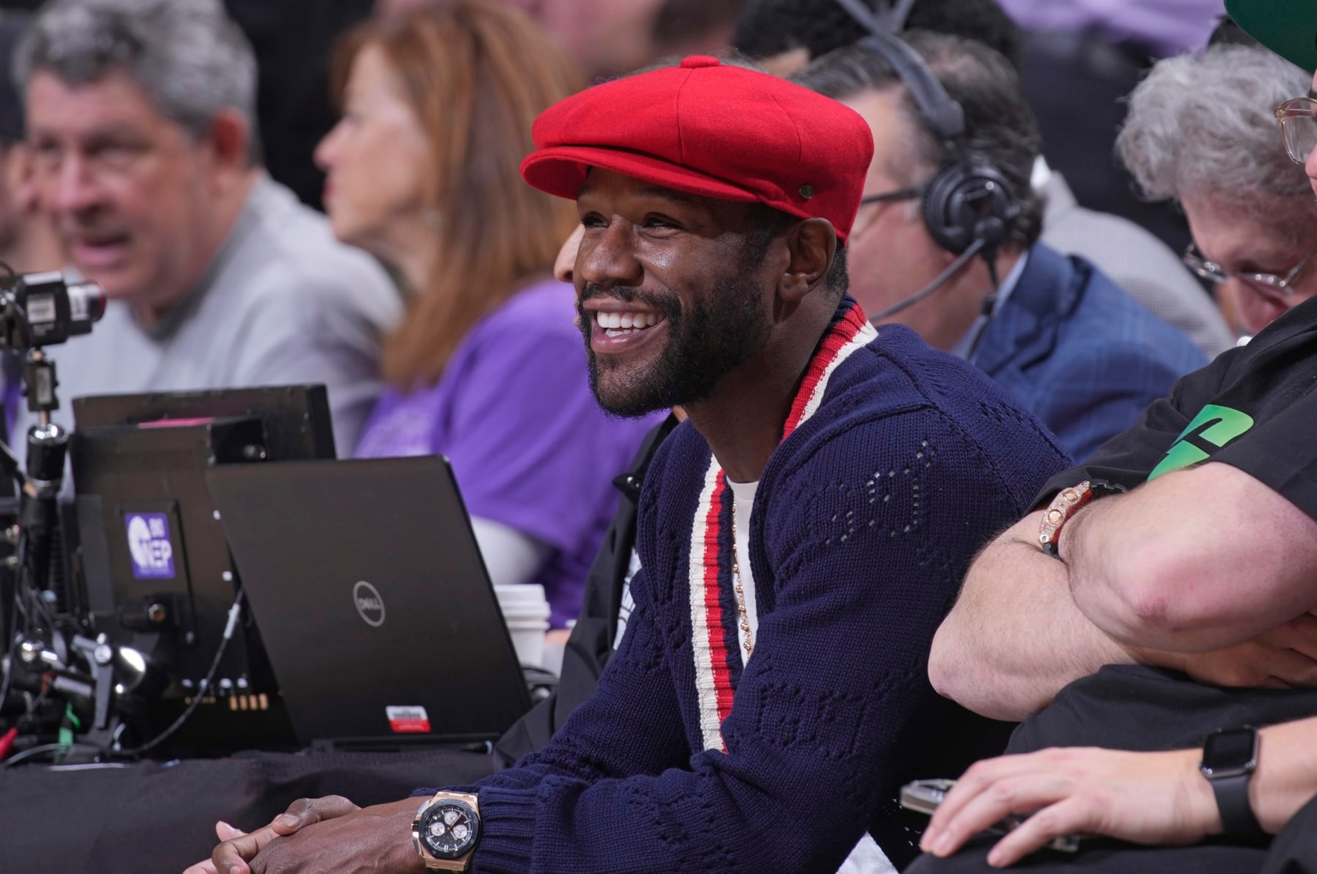 SACRAMENTO, CA - APRIL 17: Floyd Mayweather Jr. attends Round 1 Game 2 of the 2023 NBA Playoffs on April 17, 2023 at Golden 1 Center in Sacramento, California. NOTE TO USER: User expressly acknowledges and agrees that, by downloading and or using this photograph, User is consenting to the terms and conditions of the Getty Images Agreement. Mandatory Copyright Notice: Copyright 2023 NBAE (Photo by Rocky Widner/NBAE via Getty Images)