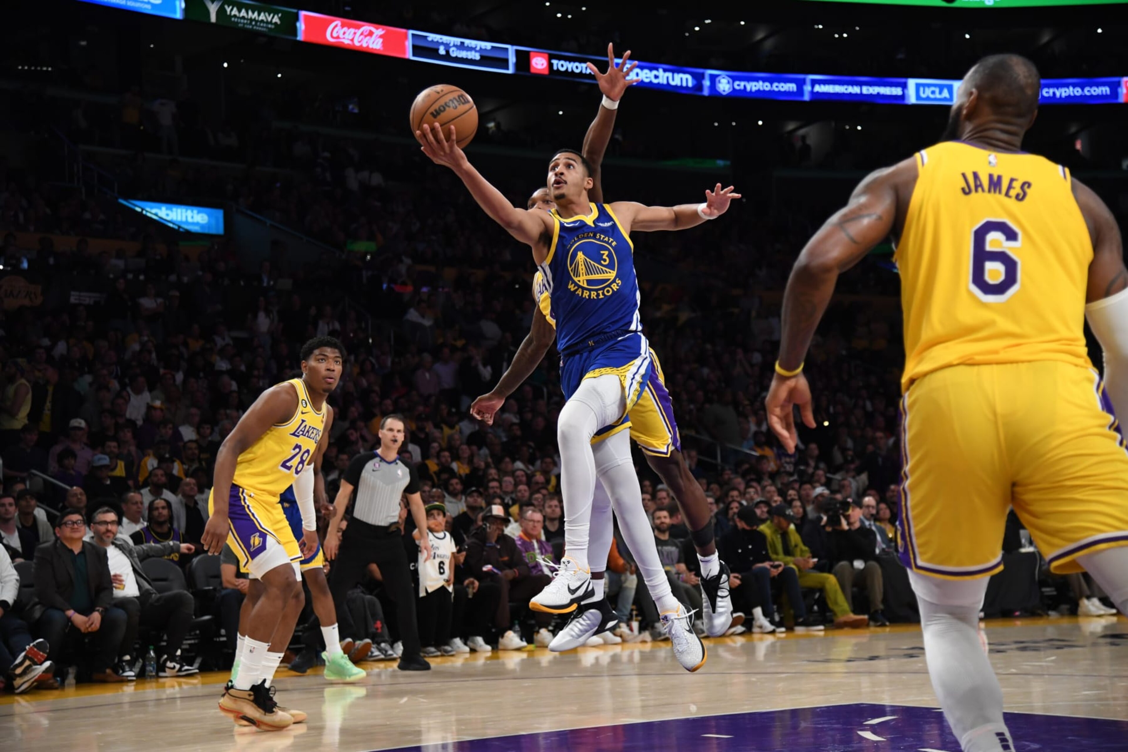 LOS ANGELES, CA - MAY 12: Jordan Poole #3 of the Golden State Warriors drives to the basket during Game Six of the Western Conference Semi-Finals of the 2023 NBA Playoffs against the Los Angeles Lakers on May 12, 2023 at Crypto.com Arena in Los Angeles, California. NOTE TO USER: User expressly acknowledges and agrees that, by downloading and/or using this Photograph, user is consenting to the terms and conditions of the Getty Images License Agreement. Mandatory Copyright Notice: Copyright 2023 NBAE (Photo by Noah Graham/NBAE via Getty Images)