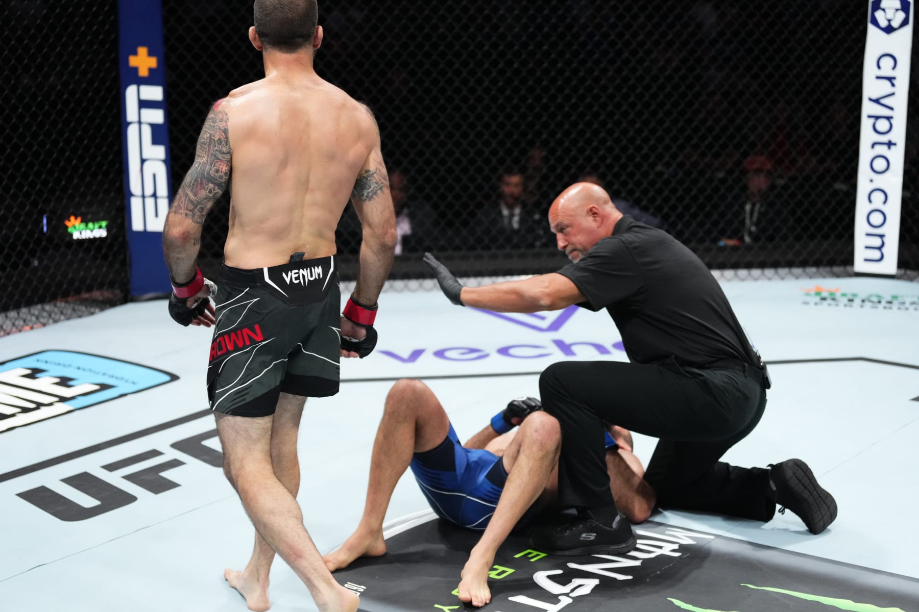 CHARLOTTE, NORTH CAROLINA - MAY 13: (L-R) Matt Brown reacts after his KO victory over Court McGee in their welterweight fight during the UFC Fight Night event at Spectrum Center on May 13, 2023 in Charlotte, North Carolina. (Photo by Jeff Bottari/Zuffa LLC via Getty Images)