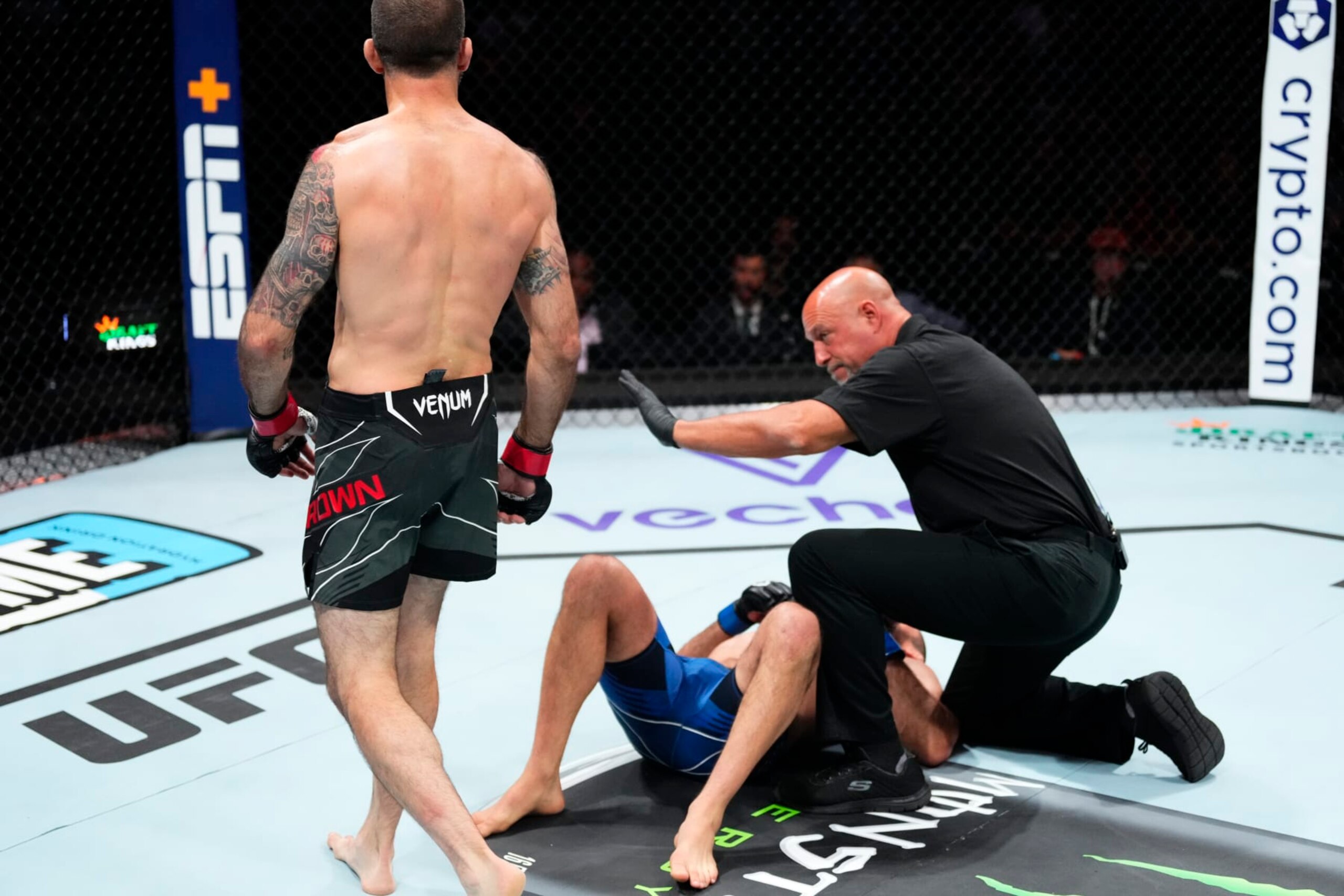 CHARLOTTE, NORTH CAROLINA - MAY 13: (L-R) Matt Brown reacts after his KO victory over Court McGee in their welterweight fight during the UFC Fight Night event at Spectrum Center on May 13, 2023 in Charlotte, North Carolina. (Photo by Jeff Bottari/Zuffa LLC via Getty Images)