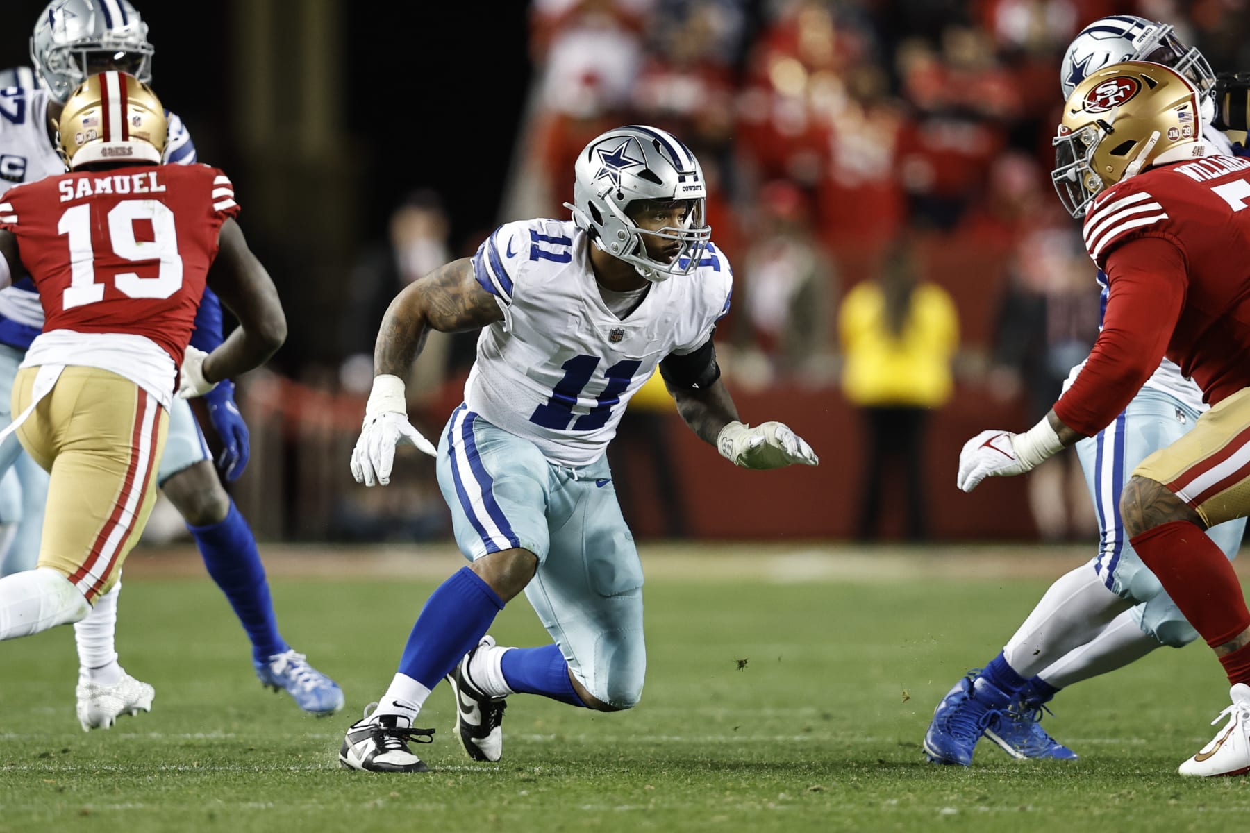 SANTA CLARA, CALIFORNIA - JANUARY 22: Micah Parsons #11 of the Dallas Cowboys runs during an NFL divisional round playoff football game between the San Francisco 49ers and the Dallas Cowboys at Levi's Stadium on January 22, 2023 in Santa Clara, California. (Photo by Michael Owens/Getty Images)