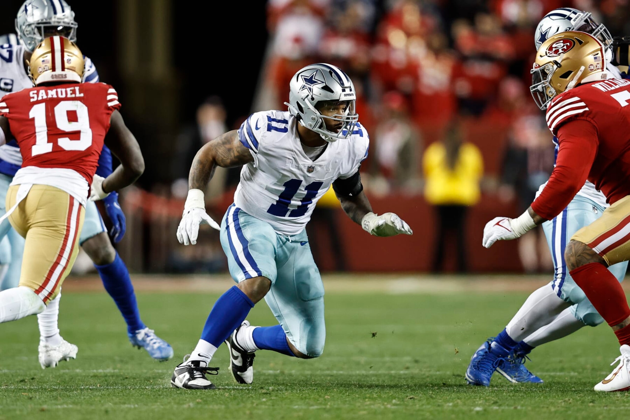 SANTA CLARA, CALIFORNIA - JANUARY 22: Micah Parsons #11 of the Dallas Cowboys runs during an NFL divisional round playoff football game between the San Francisco 49ers and the Dallas Cowboys at Levi's Stadium on January 22, 2023 in Santa Clara, California. (Photo by Michael Owens/Getty Images)