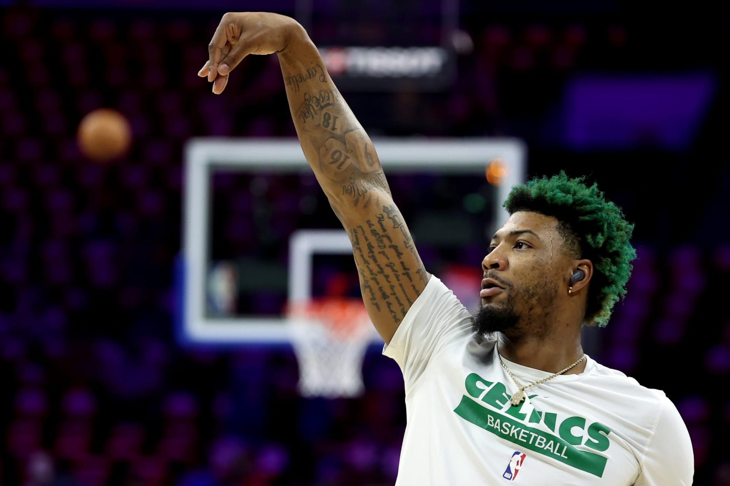 PHILADELPHIA, PENNSYLVANIA - MAY 11: Marcus Smart #36 of the Boston Celtics warms up prior to game six of the Eastern Conference Semifinals in the 2023 NBA Playoffs against the Philadelphia 76ers at Wells Fargo Center on May 11, 2023 in Philadelphia, Pennsylvania. NOTE TO USER: User expressly acknowledges and agrees that, by downloading and or using this photograph, User is consenting to the terms and conditions of the Getty Images License Agreement. (Photo by Tim Nwachukwu/Getty Images) PHILADELPHIA, PENNSYLVANIA - MAY 11: Marcus Smart #36 of the Boston Celtics warms up prior to game six of the Eastern Conference Semifinals in the 2023 NBA Playoffs against the Philadelphia 76ers at Wells Fargo Center on May 11, 2023 in Philadelphia, Pennsylvania. NOTE TO USER: User expressly acknowledges and agrees that, by downloading and or using this photograph, User is consenting to the terms and conditions of the Getty Images License Agreement. (Photo by Tim Nwachukwu/Getty Images)
