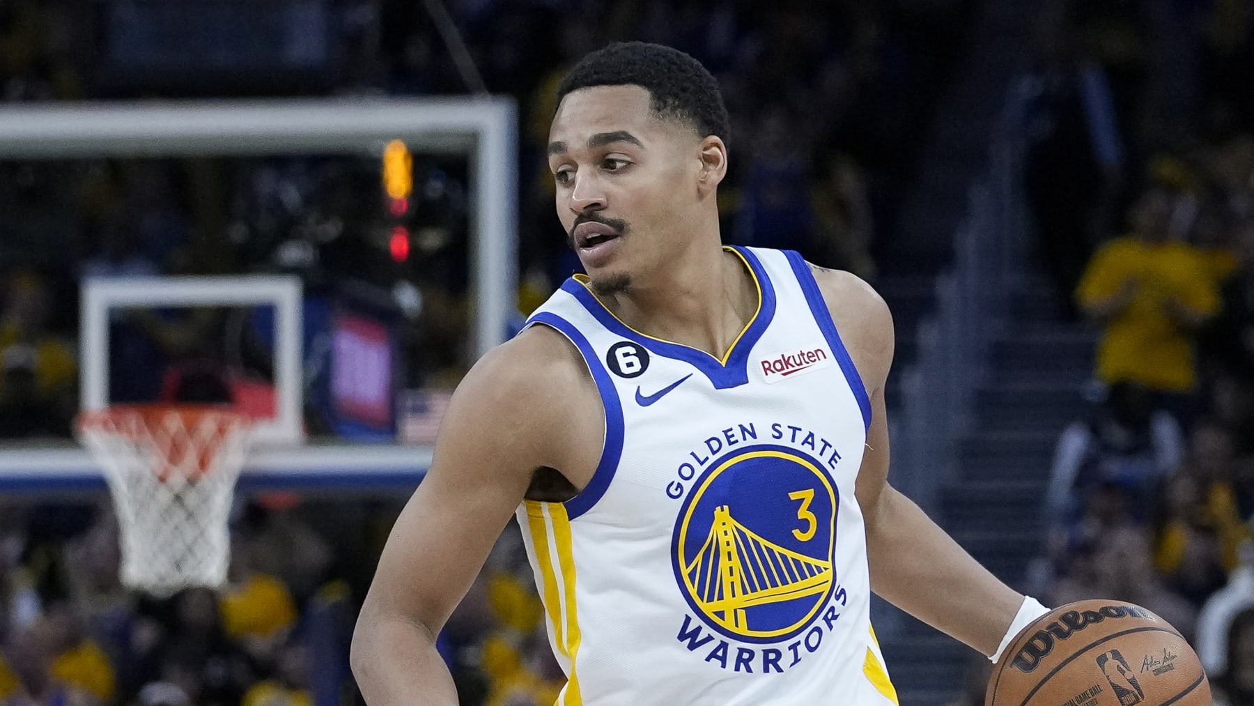 Golden State Warriors guard Jordan Poole against the Los Angeles Lakers during the second half of Game 5 of an NBA basketball second-round playoff series, Wednesday, May 10, 2023, in San Francisco. (AP Photo/Godofredo A. Vásquez)