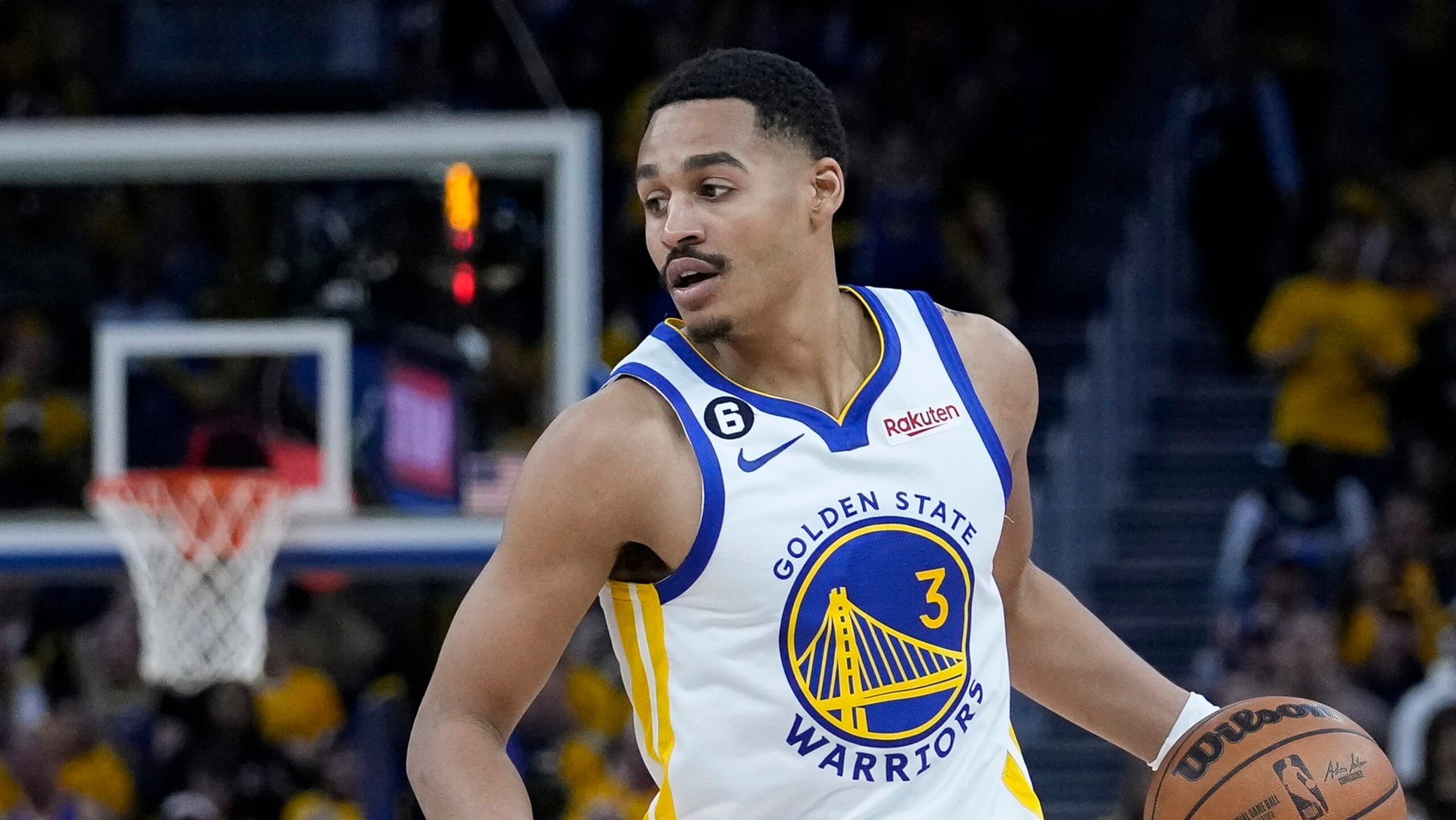 Golden State Warriors guard Jordan Poole against the Los Angeles Lakers during the second half of Game 5 of an NBA basketball second-round playoff series, Wednesday, May 10, 2023, in San Francisco. (AP Photo/Godofredo A. Vásquez)
