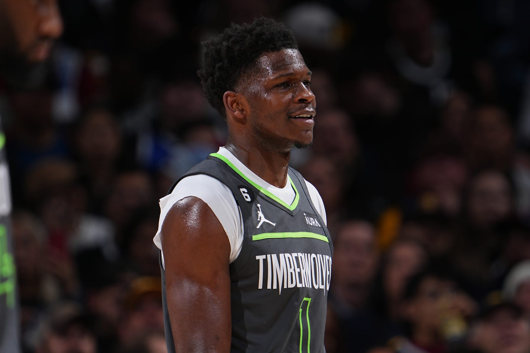 DENVER, CO - APRIL 25: Anthony Edwards #1 of the Minnesota Timberwolves looks on during Round One Game Five of the 2023 NBA Playoffs against the Denver Nuggets on April 25, 2023 at the Ball Arena in Denver, Colorado. NOTE TO USER: User expressly acknowledges and agrees that, by downloading and/or using this Photograph, user is consenting to the terms and conditions of the Getty Images License Agreement. Mandatory Copyright Notice: Copyright 2023 NBAE (Photo by Bart Young/NBAE via Getty Images)