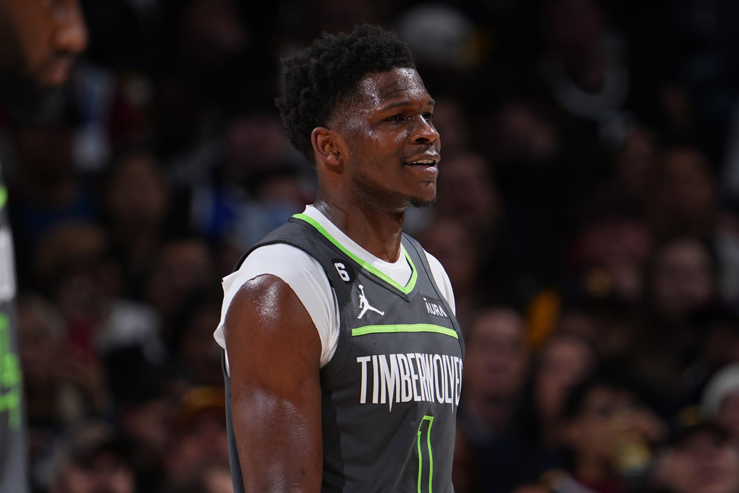 DENVER, CO - APRIL 25: Anthony Edwards #1 of the Minnesota Timberwolves looks on during Round One Game Five of the 2023 NBA Playoffs against the Denver Nuggets on April 25, 2023 at the Ball Arena in Denver, Colorado. NOTE TO USER: User expressly acknowledges and agrees that, by downloading and/or using this Photograph, user is consenting to the terms and conditions of the Getty Images License Agreement. Mandatory Copyright Notice: Copyright 2023 NBAE (Photo by Bart Young/NBAE via Getty Images)