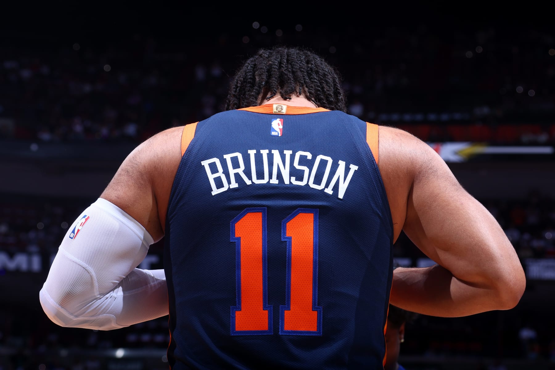 MIAMI, FL - MAY 12: Jalen Brunson #11 of the New York Knicks looks on during the game against the Miami Heat during Game 6 of the 2023 NBA Playoffs Eastern Conference semi-finals on May 12, 2023 at Kaseya Center in Miami, Florida. NOTE TO USER: User expressly acknowledges and agrees that, by downloading and or using this Photograph, user is consenting to the terms and conditions of the Getty Images License Agreement. Mandatory Copyright Notice: Copyright 2023 NBAE (Photo by Nathaniel S. Butler/NBAE via Getty Images)