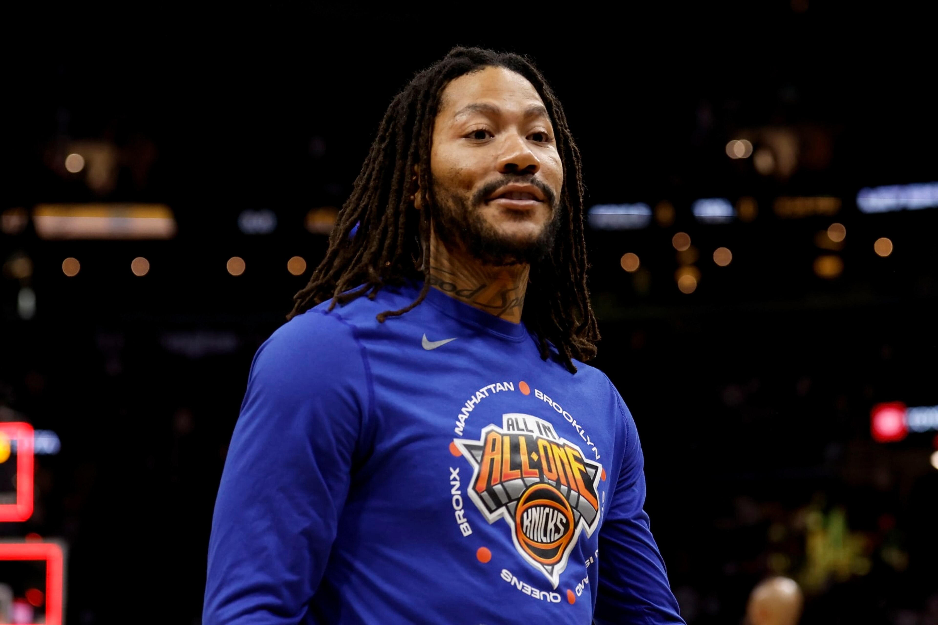 CLEVELAND, OH - APRIL 26:  Derrick Rose #4 of the New York Knicks walks off of the court after Game Five of the Eastern Conference First Round Playoffs against the Cleveland Cavaliers at Rocket Mortgage Fieldhouse on April 26, 2023 in Cleveland, Ohio. New York defeated Cleveland 106-95 to win the series 4-1. NOTE TO USER: User expressly acknowledges and agrees that, by downloading and or using this photograph, User is consenting to the terms and conditions of the Getty Images License Agreement. (Photo by Kirk Irwin/Getty Images)