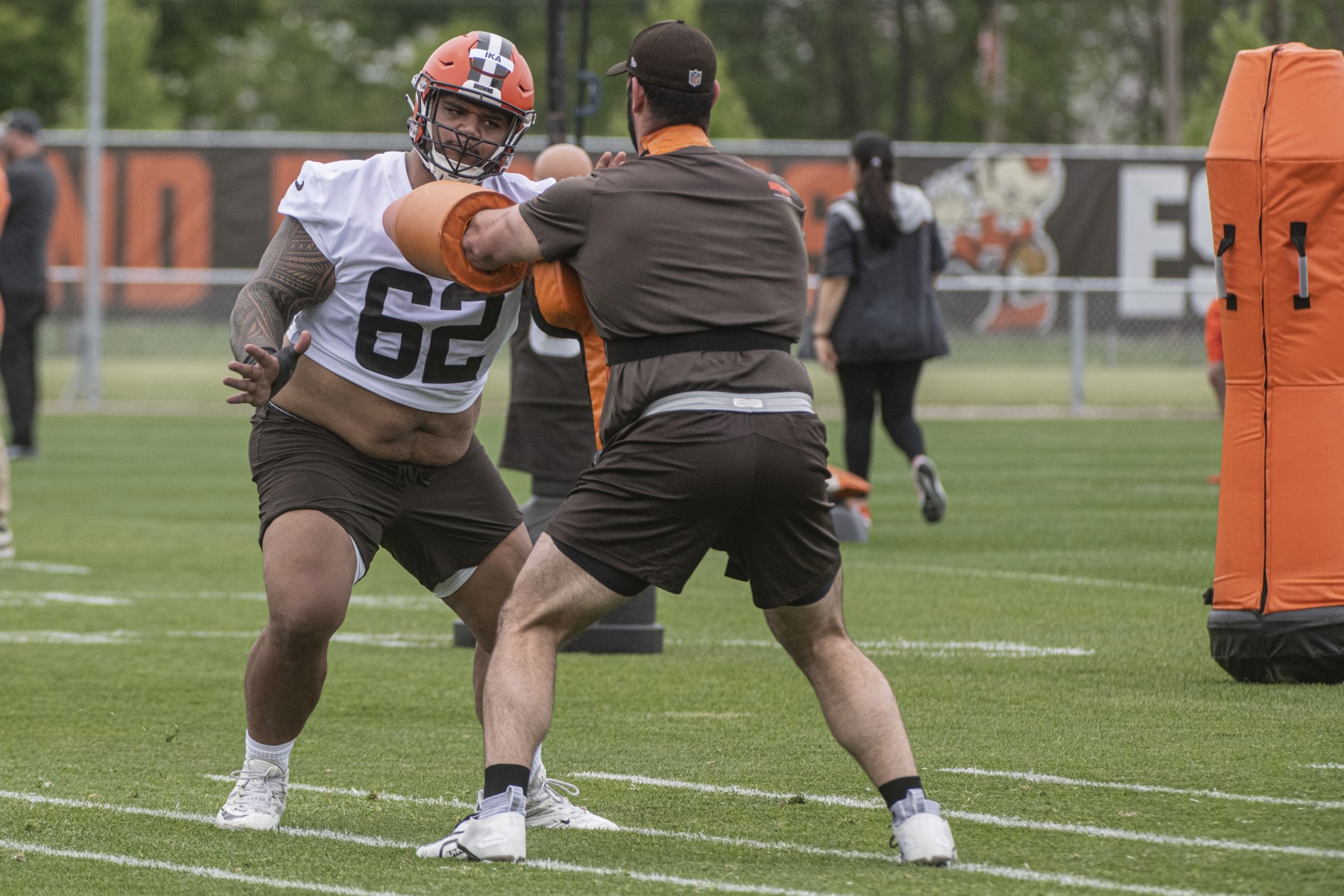 Cleveland Browns rookie Siaki Ika runs a drill at the NFL team's rookie minicamp in Berea, Ohio, Friday, May 12, 2023. (AP Photo/Phil Long)