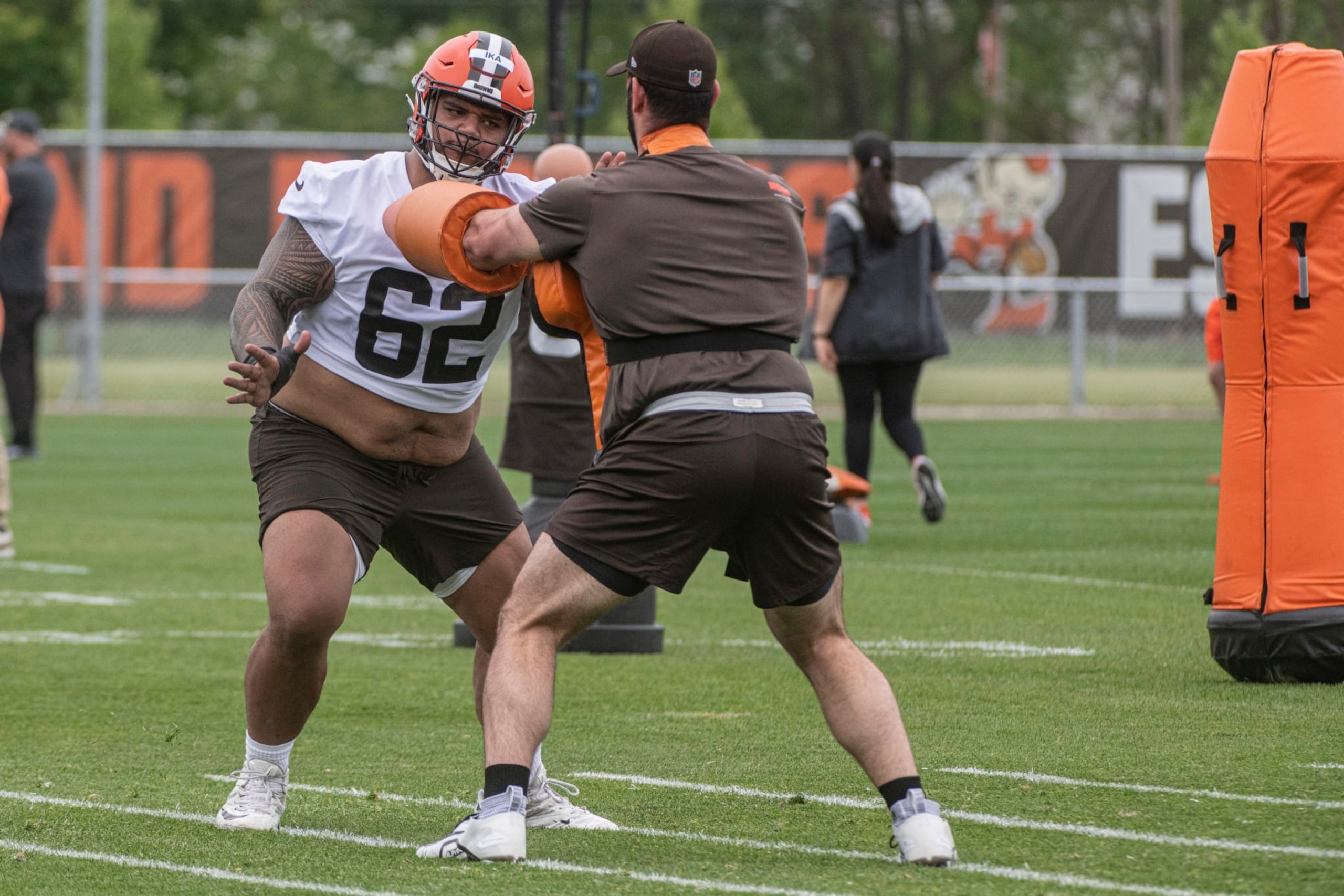 Cleveland Browns rookie Siaki Ika runs a drill at the NFL team's rookie minicamp in Berea, Ohio, Friday, May 12, 2023. (AP Photo/Phil Long)