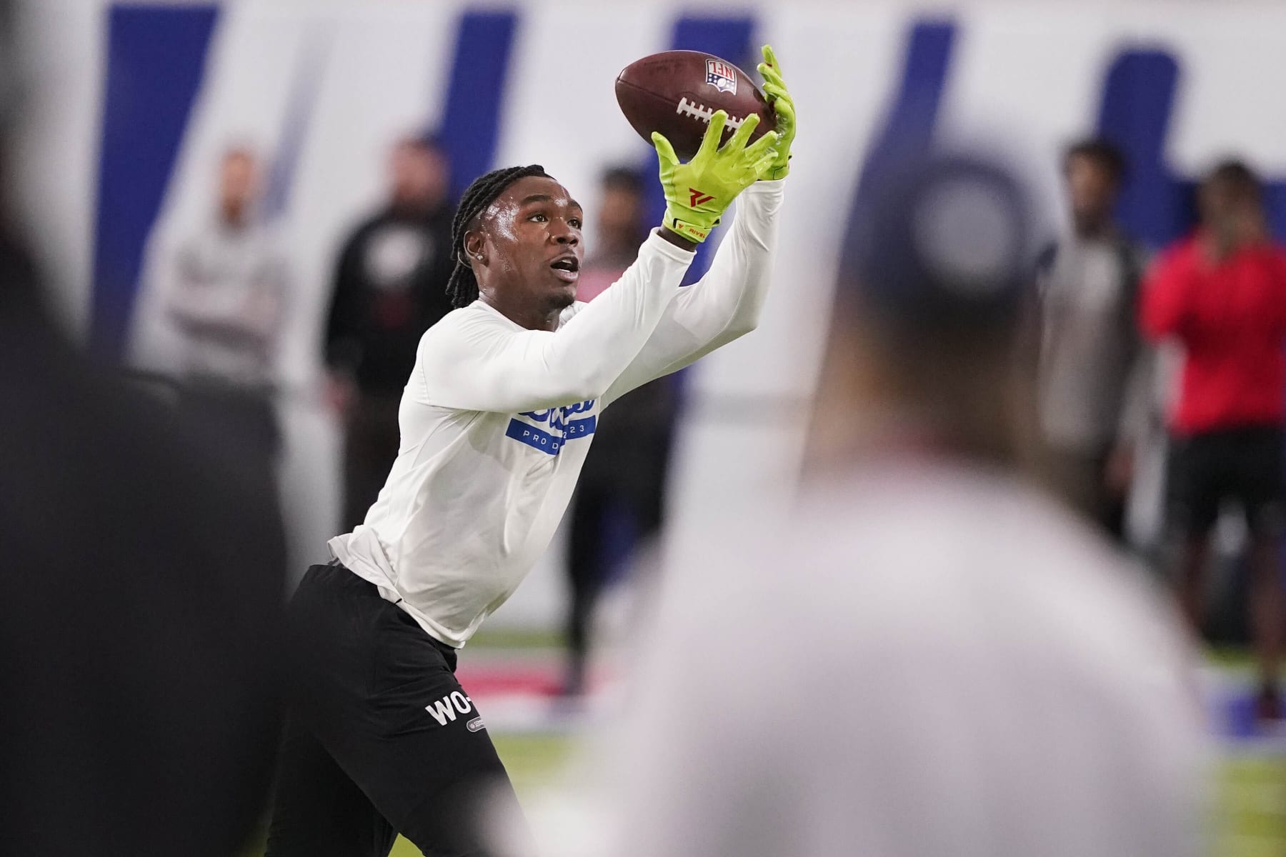 SMU wide receiver Rashee Rice catches a pass during an NFL Pro Day in Dallas, Wednesday, March 22, 2023. (AP Photo/LM Otero)