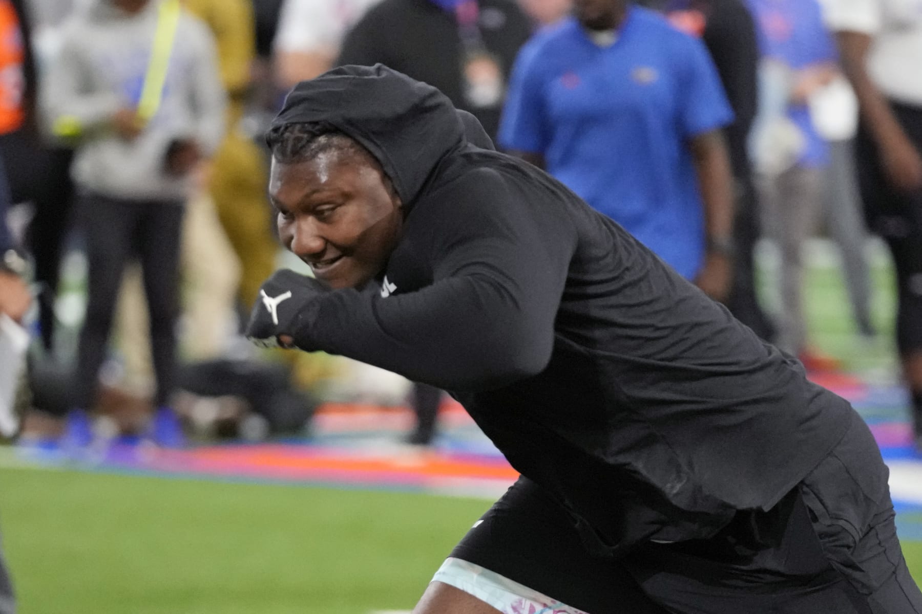 Florida defensive lineman Gervon Dexter Sr. runs a drill during an NFL football Pro Day, Thursday, March 30, 2023, in Gainesville, Fla. (AP Photo/John Raoux)