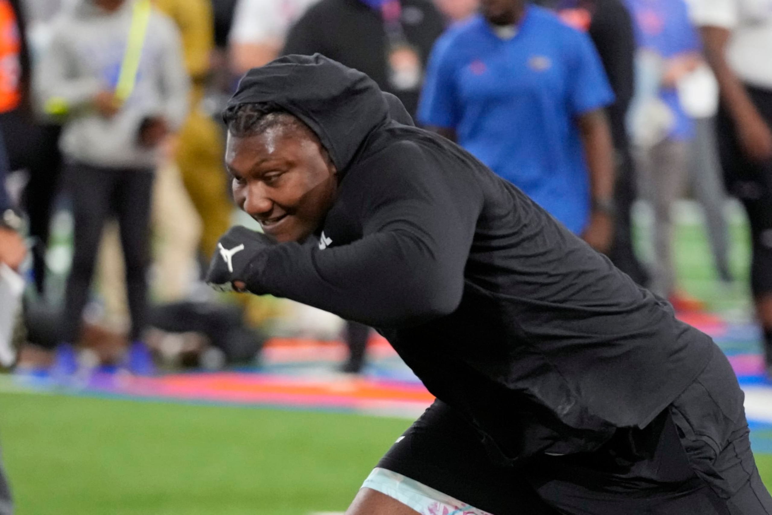 Florida defensive lineman Gervon Dexter Sr. runs a drill during an NFL football Pro Day, Thursday, March 30, 2023, in Gainesville, Fla. (AP Photo/John Raoux)