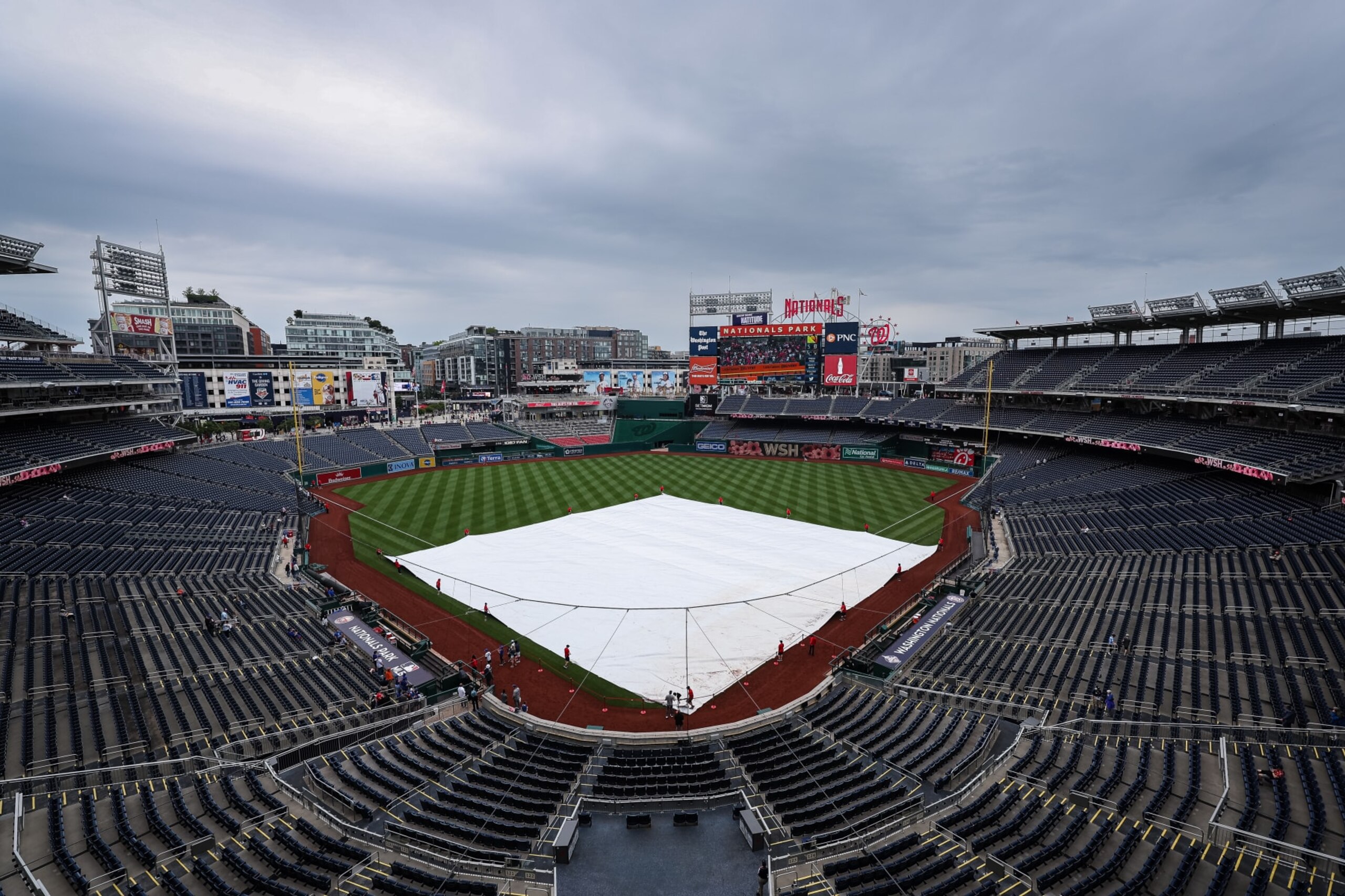 WASHINGTON, DC - MAY 13: A general view of the tarp on the field before the game between the Washington Nationals and the New York Mets at Nationals Park on May 13, 2023 in Washington, DC. (Photo by Scott Taetsch/Getty Images)