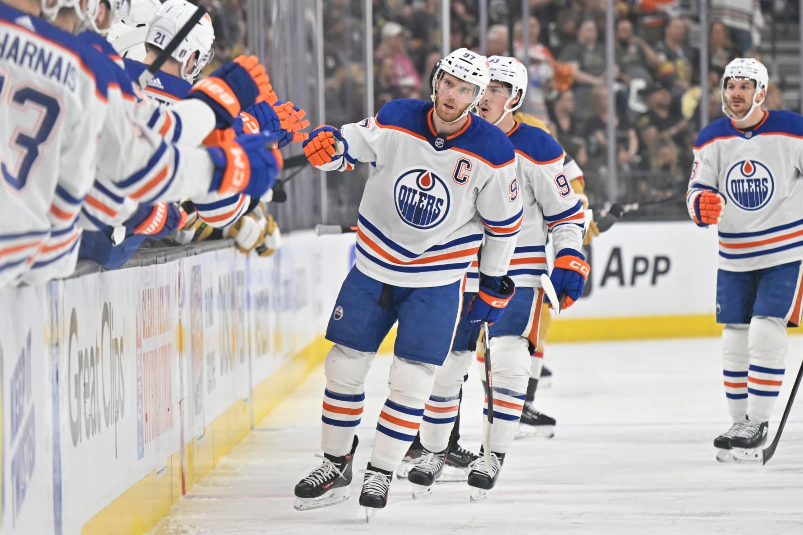LAS VEGAS, NEVADA - MAY 12: Connor McDavid #97 of the Edmonton Oilers celebrates after scoring a goal during the first period against the Vegas Golden Knights in Game Five of the Second Round of the 2023 Stanley Cup Playoffs at T-Mobile Arena on May 12, 2023 in Las Vegas, Nevada. (Photo by David Becker/NHLI via Getty Images) LAS VEGAS, NEVADA - MAY 12: Connor McDavid #97 of the Edmonton Oilers celebrates after scoring a goal during the first period against the Vegas Golden Knights in Game Five of the Second Round of the 2023 Stanley Cup Playoffs at T-Mobile Arena on May 12, 2023 in Las Vegas, Nevada. (Photo by David Becker/NHLI via Getty Images)