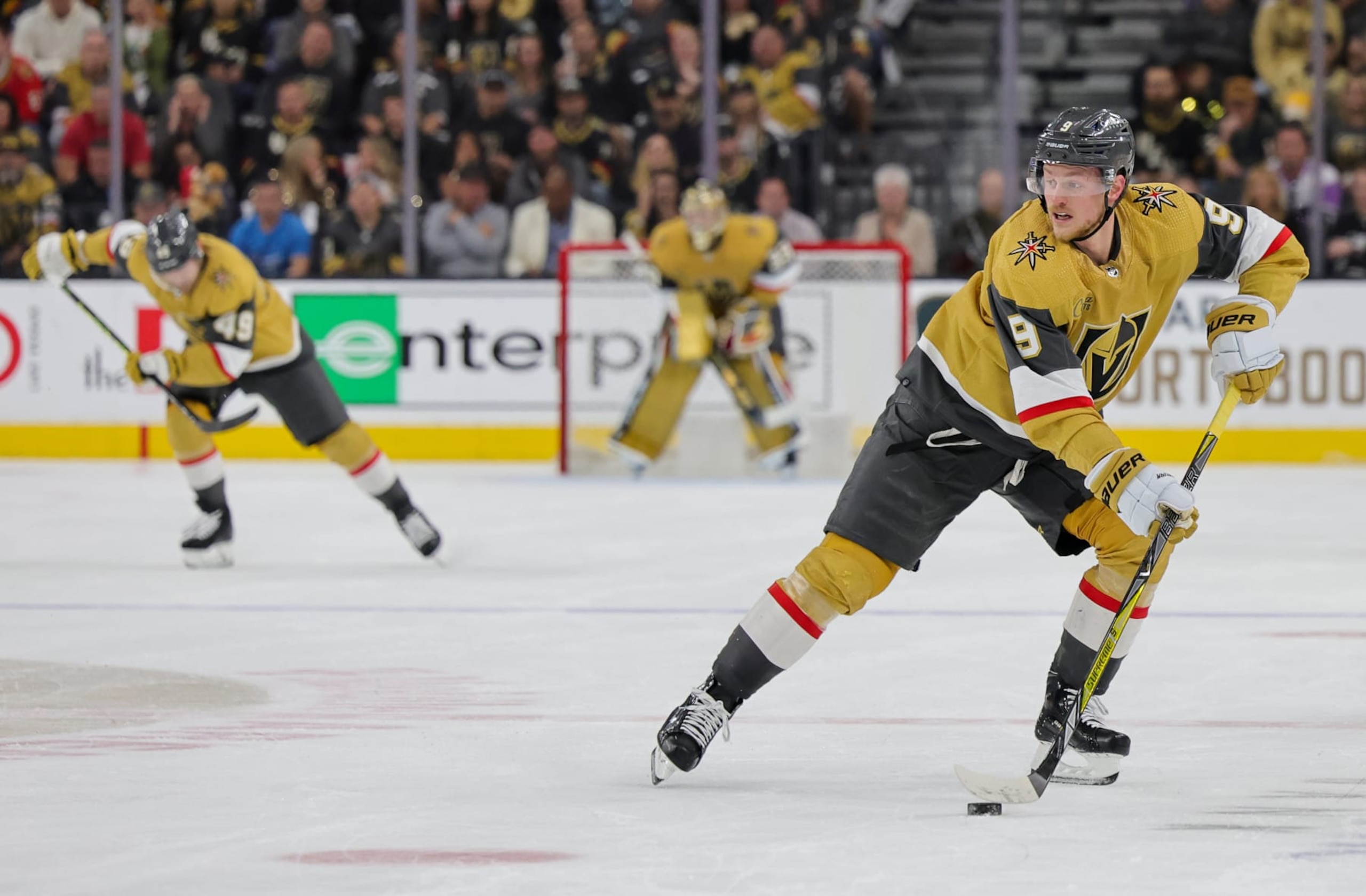 LAS VEGAS, NEVADA - MAY 12: Jack Eichel #9 of the Vegas Golden Knights skates with the puck against the Edmonton Oilers in the second period of Game Five of the Second Round of the 2023 Stanley Cup Playoffs at T-Mobile Arena on May 12, 2023 in Las Vegas, Nevada. The Golden Knights defeated the Oilers 4-3. (Photo by Ethan Miller/Getty Images) LAS VEGAS, NEVADA - MAY 12: Jack Eichel #9 of the Vegas Golden Knights skates with the puck against the Edmonton Oilers in the second period of Game Five of the Second Round of the 2023 Stanley Cup Playoffs at T-Mobile Arena on May 12, 2023 in Las Vegas, Nevada. The Golden Knights defeated the Oilers 4-3. (Photo by Ethan Miller/Getty Images)