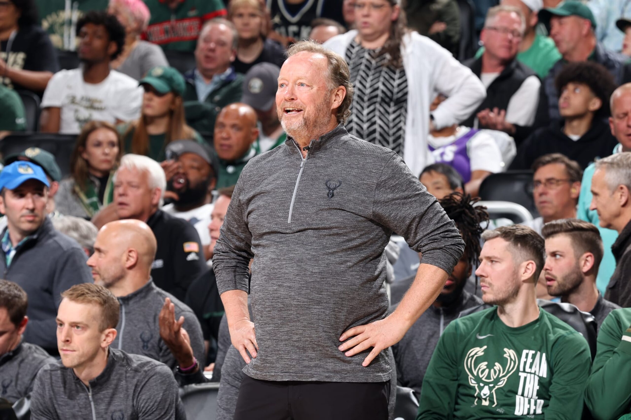 MILWAUKEE, WI - APRIL 26: Head Coach Mike Budenholzer of the Milwaukee Bucks looks on during the game against the Miami Heat during Round 1 Game 5 of the 2023 NBA Playoffs on April 26, 2023 at the Fiserv Forum Center in Milwaukee, Wisconsin. NOTE TO USER: User expressly acknowledges and agrees that, by downloading and or using this Photograph, user is consenting to the terms and conditions of the Getty Images License Agreement. Mandatory Copyright Notice: Copyright 2023 NBAE (Photo by Jeff Haynes/NBAE via Getty Images). MILWAUKEE, WI - APRIL 26: Head Coach Mike Budenholzer of the Milwaukee Bucks looks on during the game against the Miami Heat during Round 1 Game 5 of the 2023 NBA Playoffs on April 26, 2023 at the Fiserv Forum Center in Milwaukee, Wisconsin. NOTE TO USER: User expressly acknowledges and agrees that, by downloading and or using this Photograph, user is consenting to the terms and conditions of the Getty Images License Agreement. Mandatory Copyright Notice: Copyright 2023 NBAE (Photo by Jeff Haynes/NBAE via Getty Images).