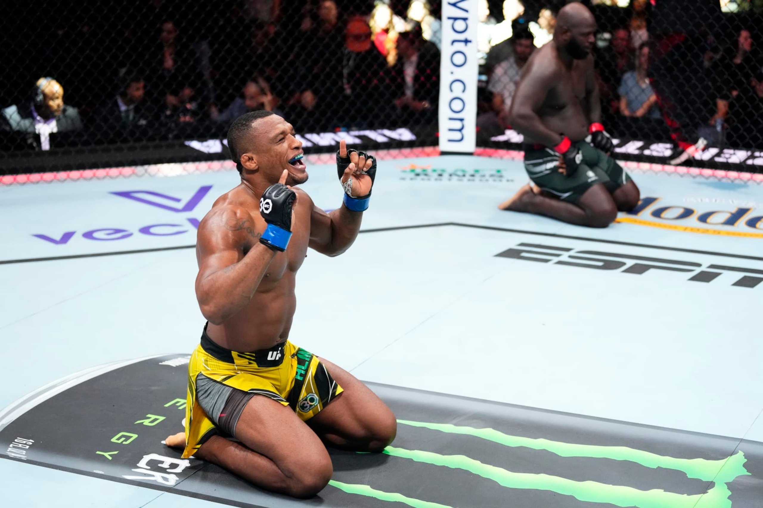 Jailton Almeida reacts after submitting Jairzinho Rozenstruik. 