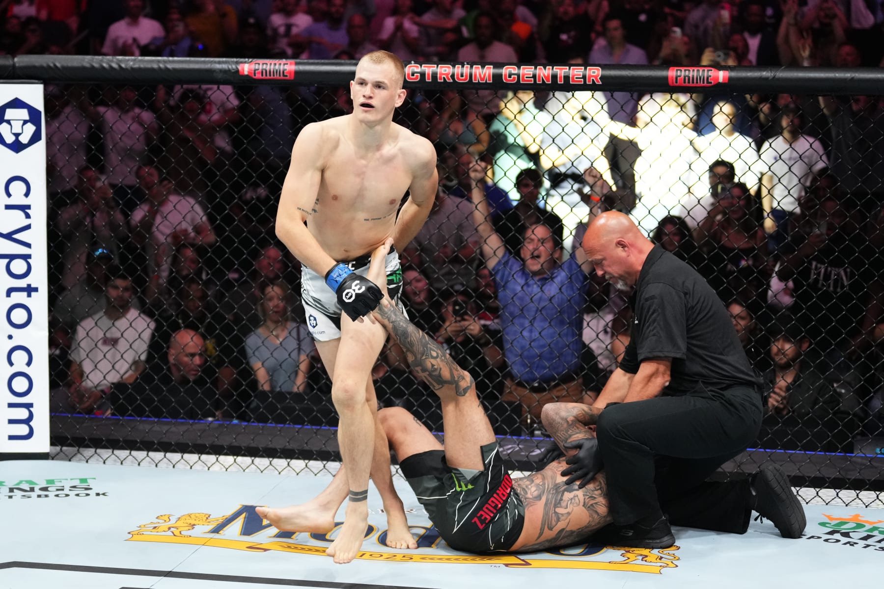 CHARLOTTE, NORTH CAROLINA - MAY 13:  (L-R) Ian Garry of Ireland reacts after his TKO victory over Daniel Rodriguez in their welterweight fight during the UFC Fight Night event at Spectrum Center on May 13, 2023 in Charlotte, North Carolina. (Photo by Jeff Bottari/Zuffa LLC via Getty Images)