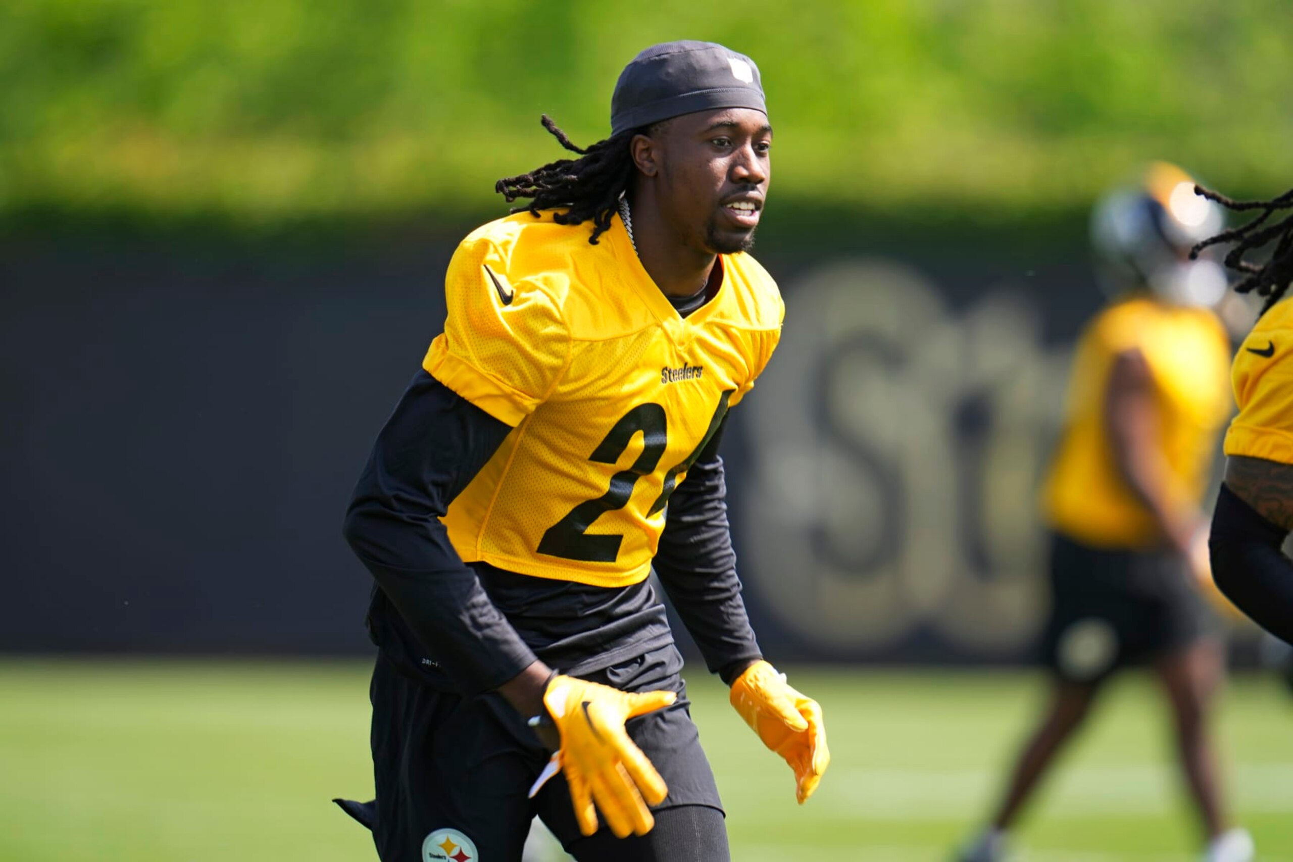 Pittsburgh Steelers second round draft pick, cornerback Joey Porter Jr. (24) runs a drill during the NFL football team's rookie minicamp in Pittsburgh Friday, May 12, 2023. (AP Photo/Gene J. Puskar)