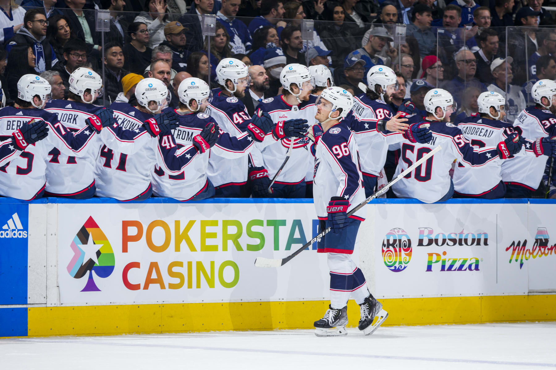 TORONTO, ON - APRIL 4: Jack Roslovic #96 of the Columbus Blue Jackets celebrates his goal against the Toronto Maple Leafs during the first period at the Scotiabank Arena on April 4, 2023 in Toronto, Ontario, Canada. (Photo by Mark Blinch/NHLI via Getty Images)