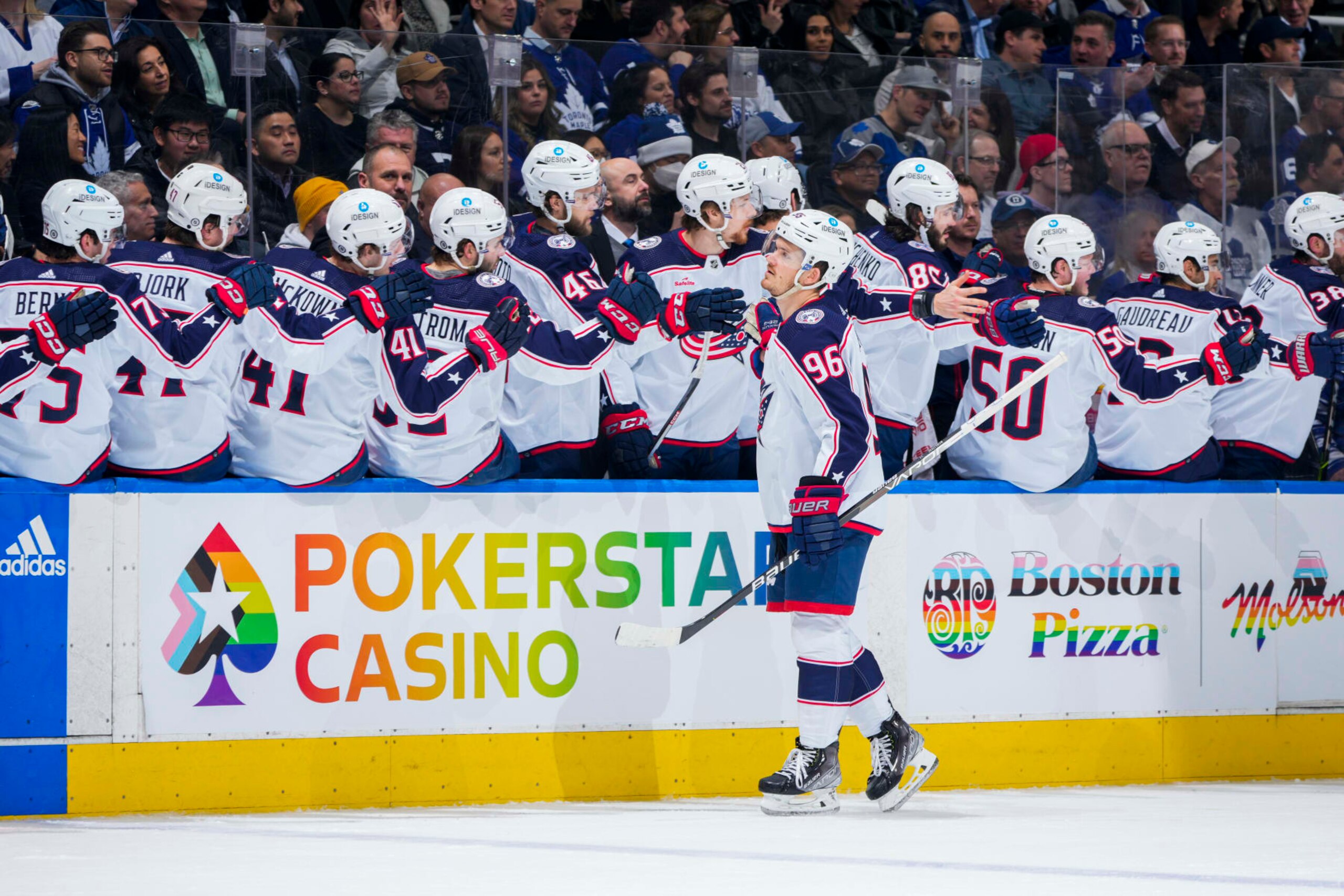 TORONTO, ON - APRIL 4: Jack Roslovic #96 of the Columbus Blue Jackets celebrates his goal against the Toronto Maple Leafs during the first period at the Scotiabank Arena on April 4, 2023 in Toronto, Ontario, Canada. (Photo by Mark Blinch/NHLI via Getty Images)