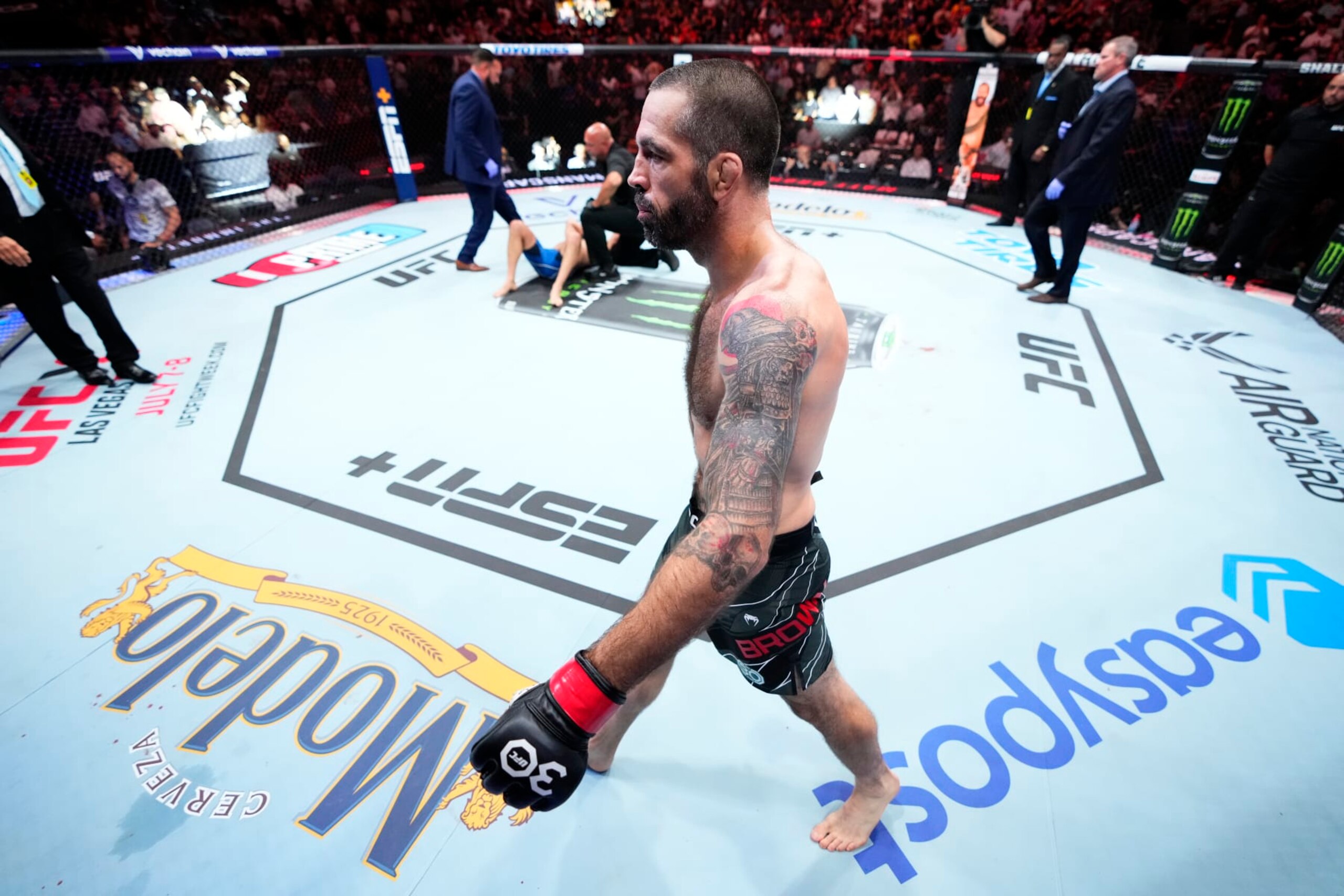 CHARLOTTE, NORTH CAROLINA - MAY 13:  Matt Brown reacts after his KO victory over Court McGee in their welterweight fight during the UFC Fight Night event at Spectrum Center on May 13, 2023 in Charlotte, North Carolina. (Photo by Jeff Bottari/Zuffa LLC via Getty Images)