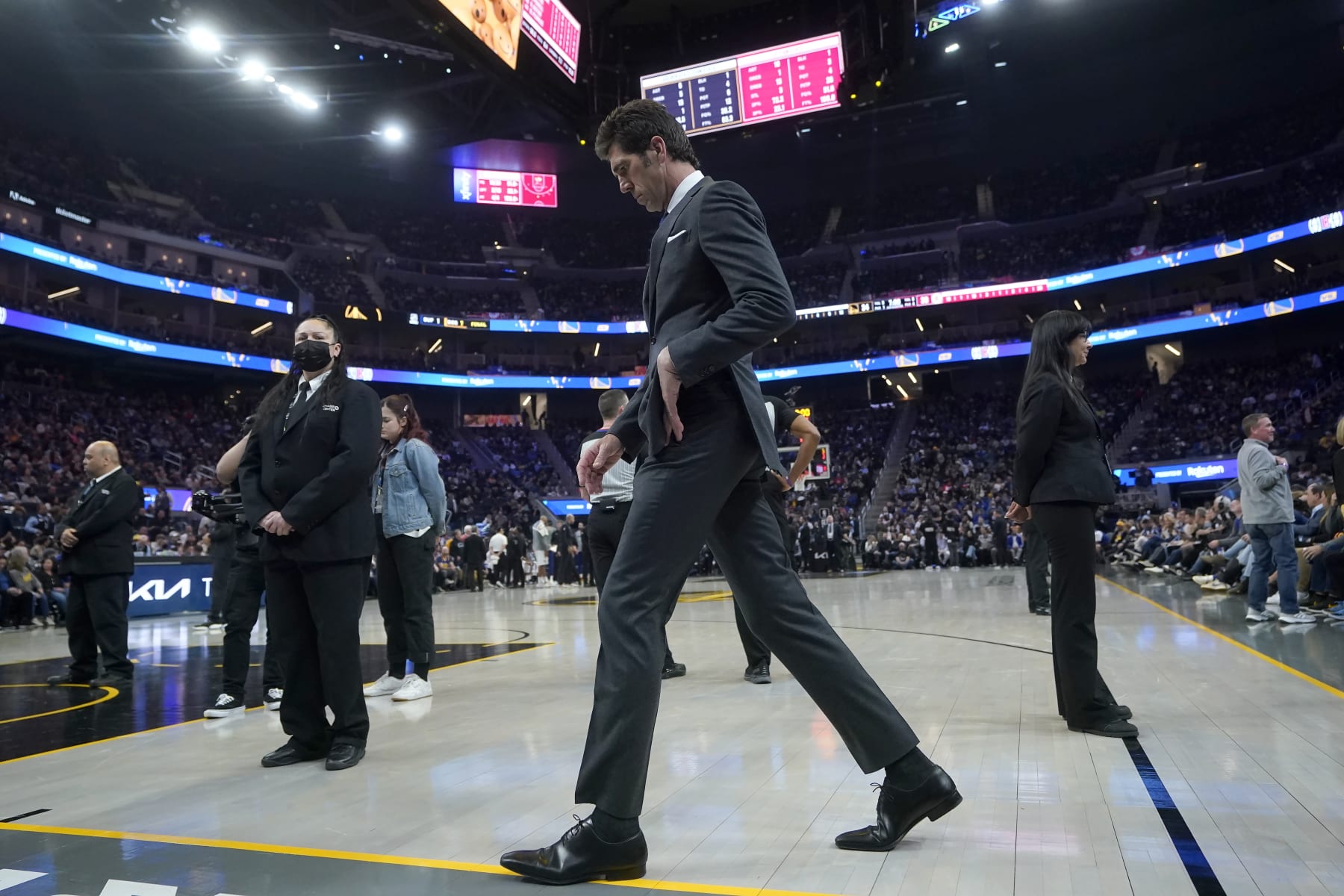 Golden State Warriors general manager Bob Myers before an NBA basketball game between the Warriors and the Los Angeles Clippers in San Francisco, Thursday, March 2, 2023. (AP Photo/Jeff Chiu)