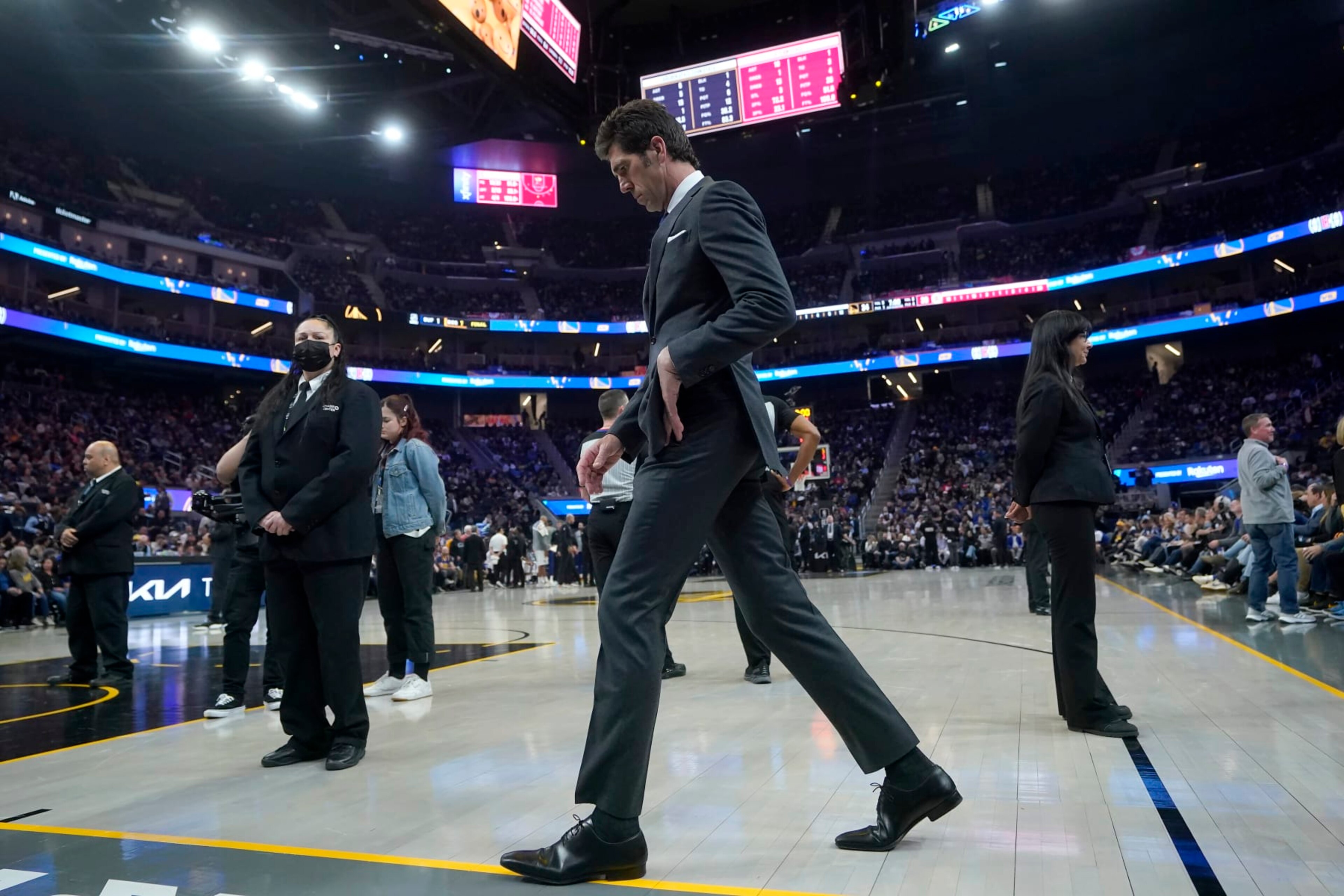Golden State Warriors general manager Bob Myers before an NBA basketball game between the Warriors and the Los Angeles Clippers in San Francisco, Thursday, March 2, 2023. (AP Photo/Jeff Chiu)