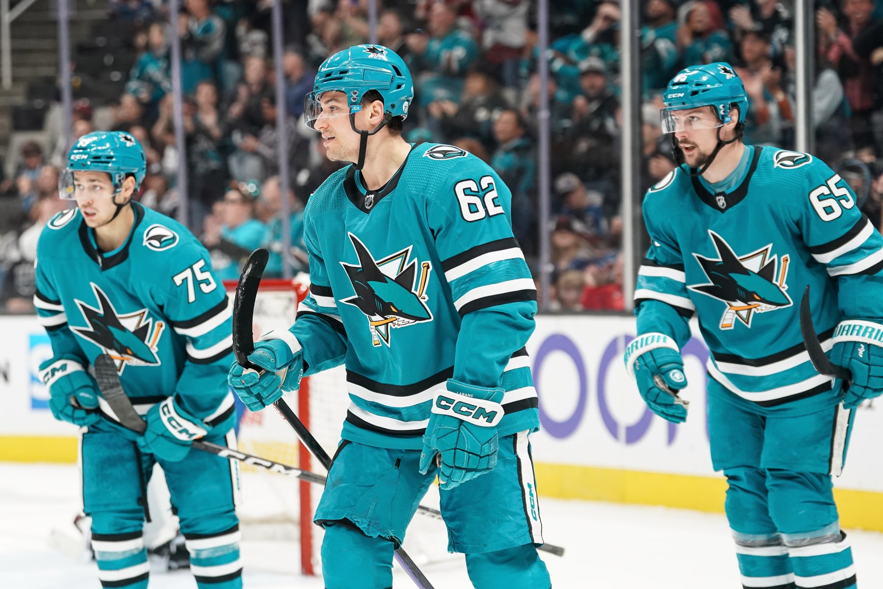 SAN JOSE, CA - APRIL 4: Kevin Labanc #62 and Erik Karlsson #65 of the San Jose Sharks celebrate scoring a goal in the second period against the Colorado Avalanche at SAP Center on April 4, 2023 in San Jose, California. (Photo by Kavin Mistry/NHLI via Getty Images)