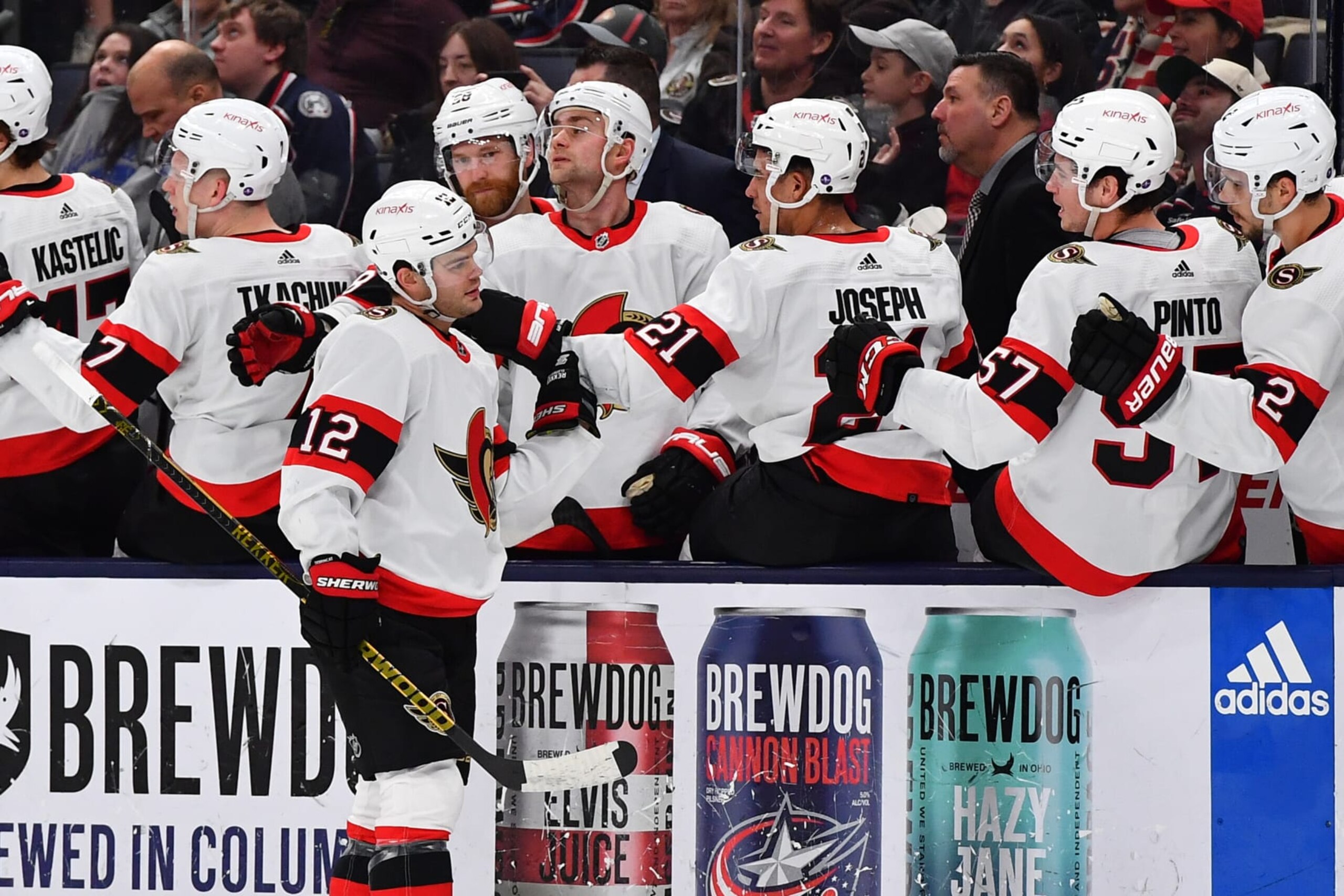 COLUMBUS, OHIO - APRIL 2: Alex DeBrincat #12 of the Ottawa Senators high fives his teammates after scoring a goal during the first period of a game against the Columbus Blue Jackets at Nationwide Arena on April 2, 2023 in Columbus, Ohio. (Photo by Ben Jackson/NHLI via Getty Images)