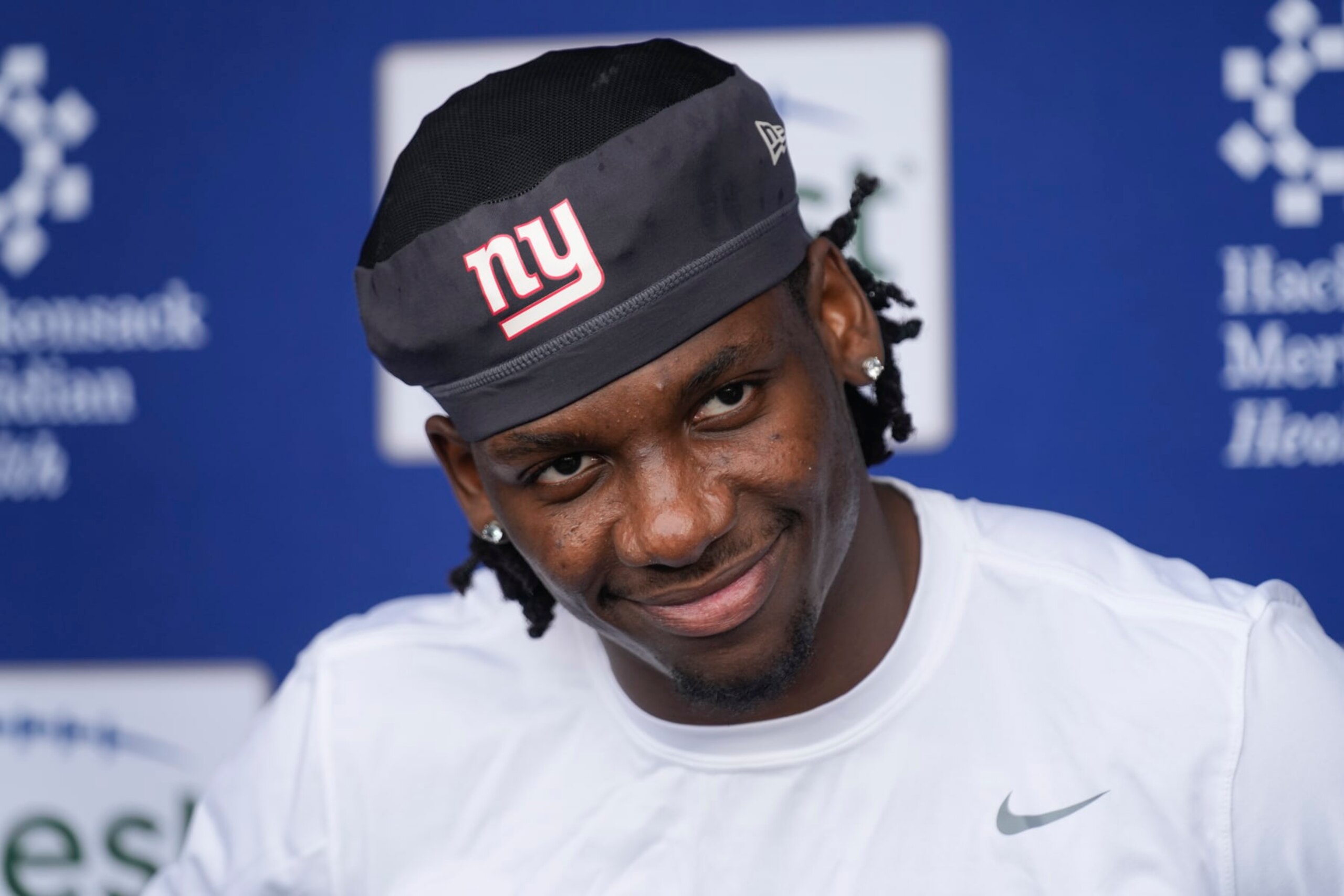 New York Giants cornerback Deonte Banks talks to reporters after an NFL football rookie camp at the team's training facility in East Rutherford, N.J., Friday, May 5, 2023. (AP Photo/Seth Wenig) New York Giants cornerback Deonte Banks talks to reporters after an NFL football rookie camp at the team's training facility in East Rutherford, N.J., Friday, May 5, 2023. (AP Photo/Seth Wenig)