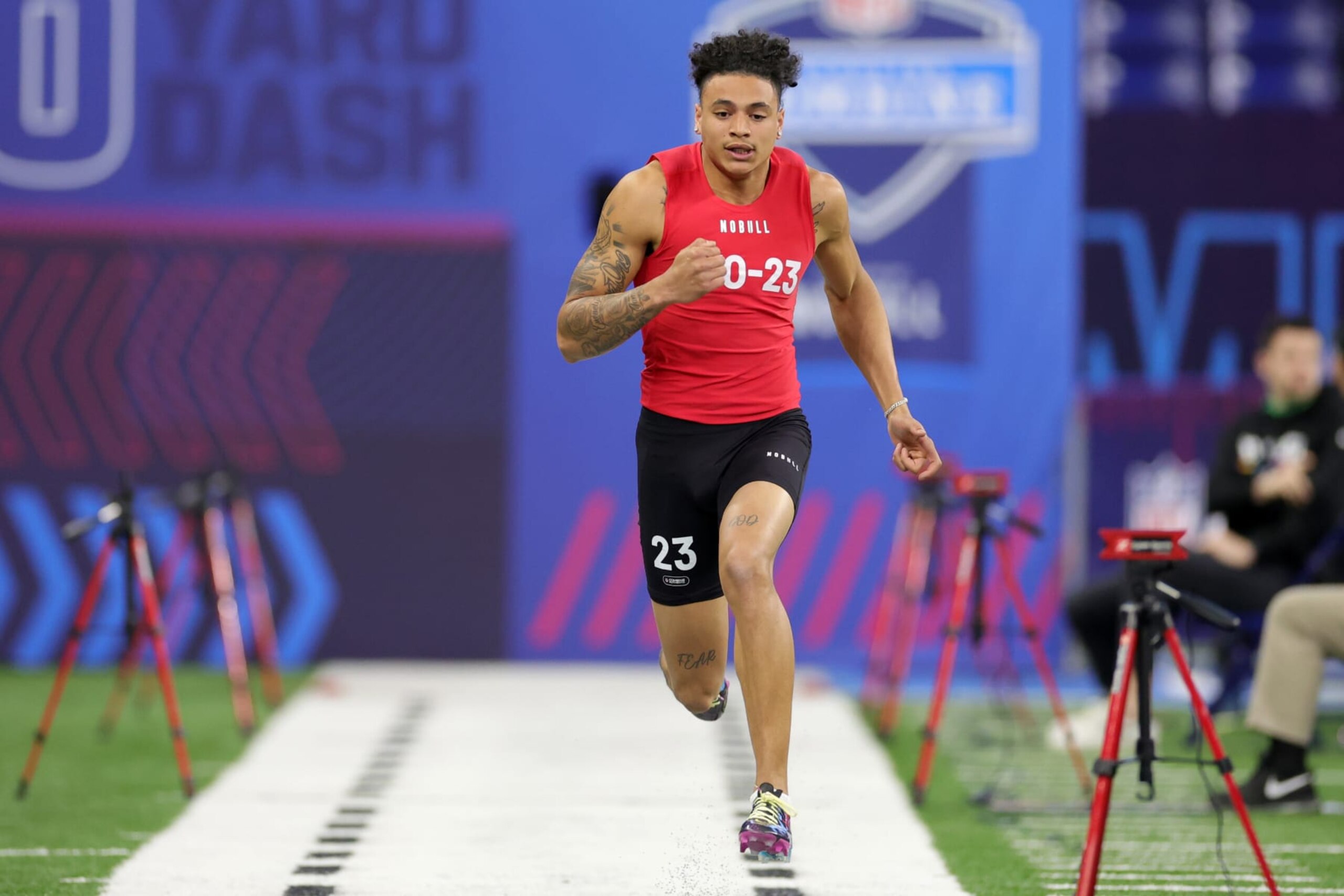 INDIANAPOLIS, INDIANA - MARCH 04: Jalin Hyatt of Tennessee participates in the 40-yard dash during the NFL Combine at Lucas Oil Stadium on March 04, 2023 in Indianapolis, Indiana. (Photo by Stacy Revere/Getty Images) INDIANAPOLIS, INDIANA - MARCH 04: Jalin Hyatt of Tennessee participates in the 40-yard dash during the NFL Combine at Lucas Oil Stadium on March 04, 2023 in Indianapolis, Indiana. (Photo by Stacy Revere/Getty Images)