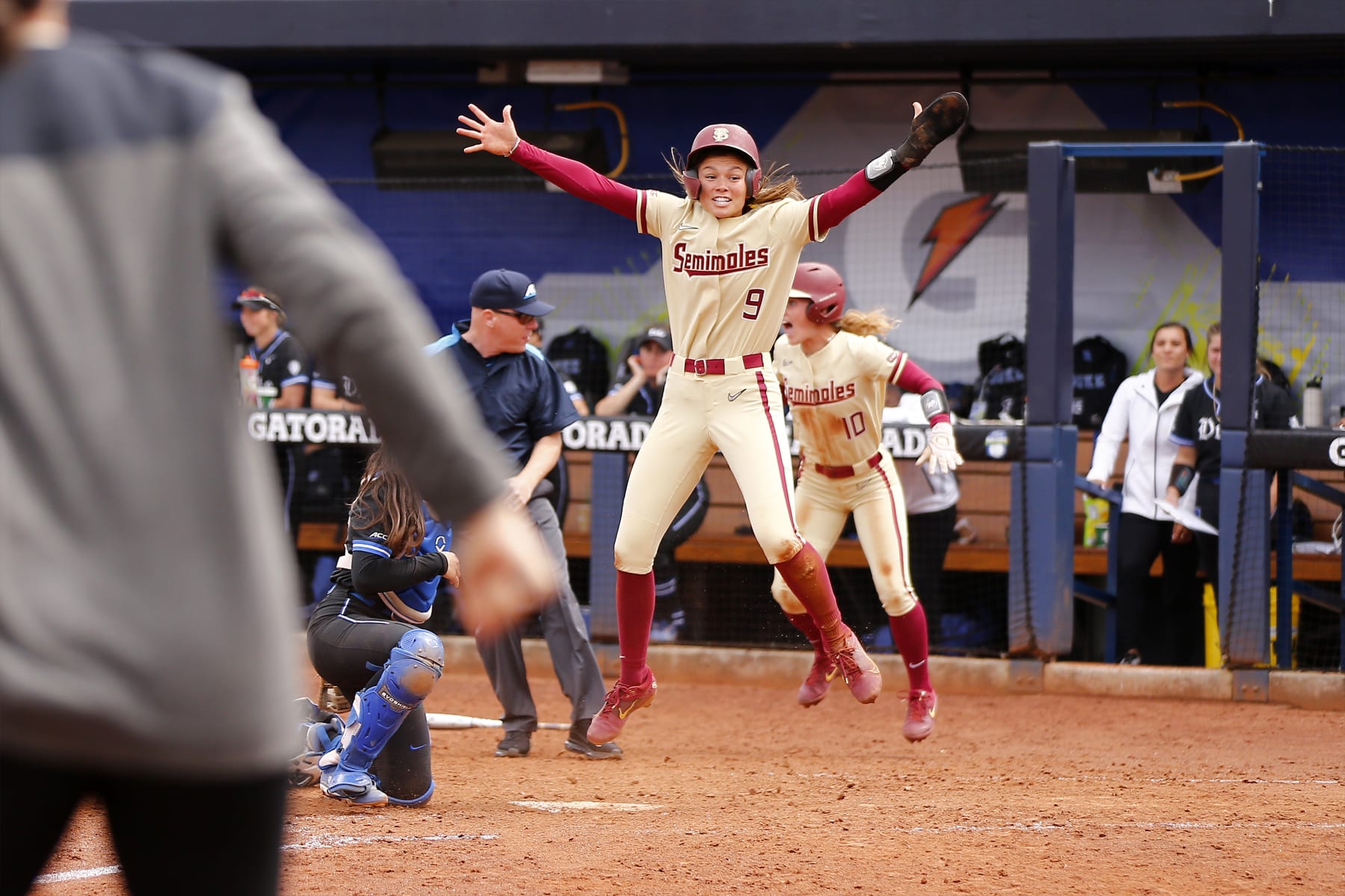 SOUTH BEND, IN - MAY 13: Florida State Seminoles Devyn Flaherty (9) celebrates scoring the winning run in the bottom of the seventh inning to win the ACC Tournament Championship game between the Duke Blue Devils and the Florida State Seminoles on May 13, 2023 at Melissa Cook Stadium in South Bend, IN.  (Photo by Jeffrey Brown/Icon Sportswire via Getty Images)