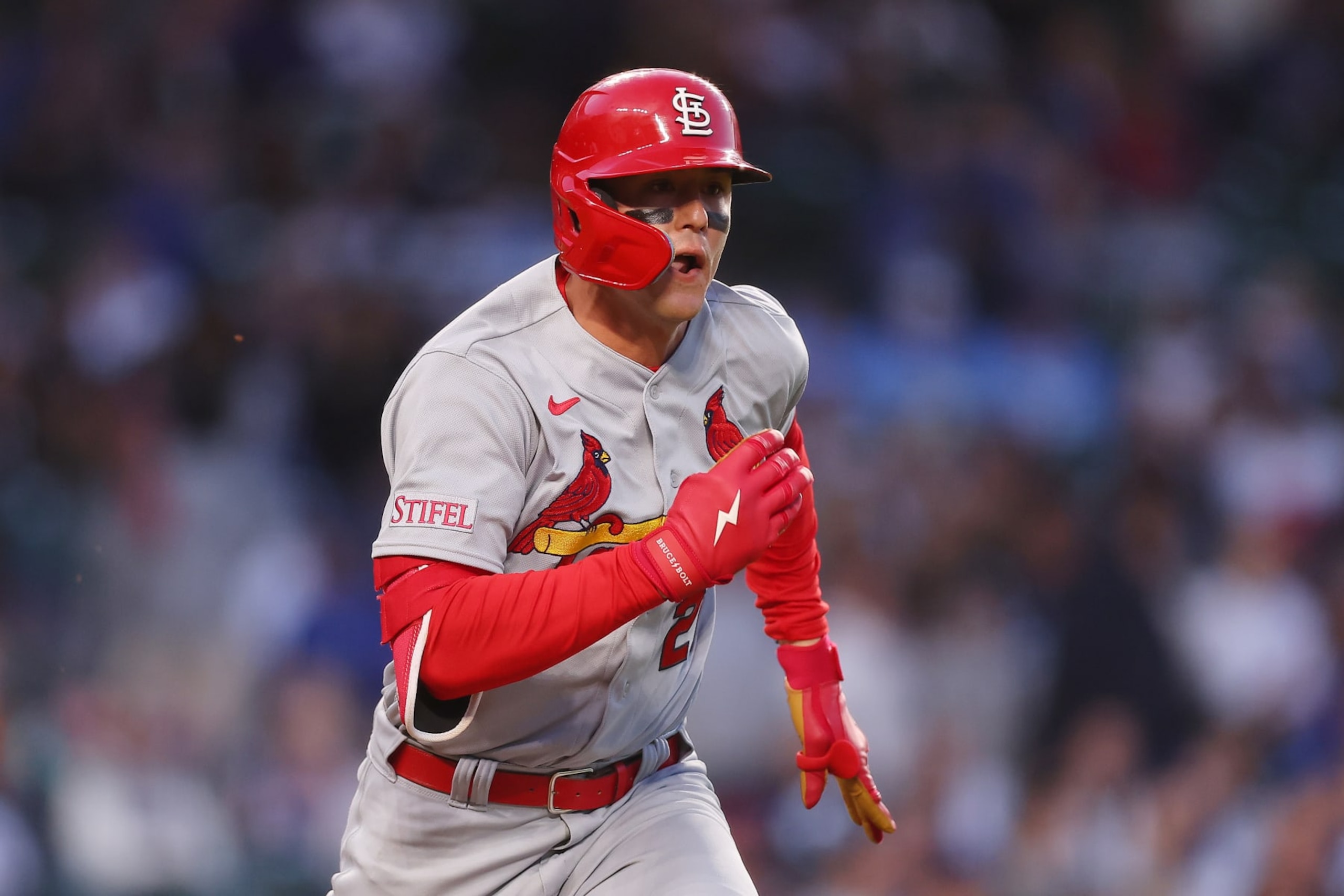 CHICAGO, ILLINOIS - MAY 09: Lars Nootbaar #21 of the St. Louis Cardinals runs the bases against the Chicago Cubs at Wrigley Field on May 09, 2023 in Chicago, Illinois. (Photo by Michael Reaves/Getty Images)