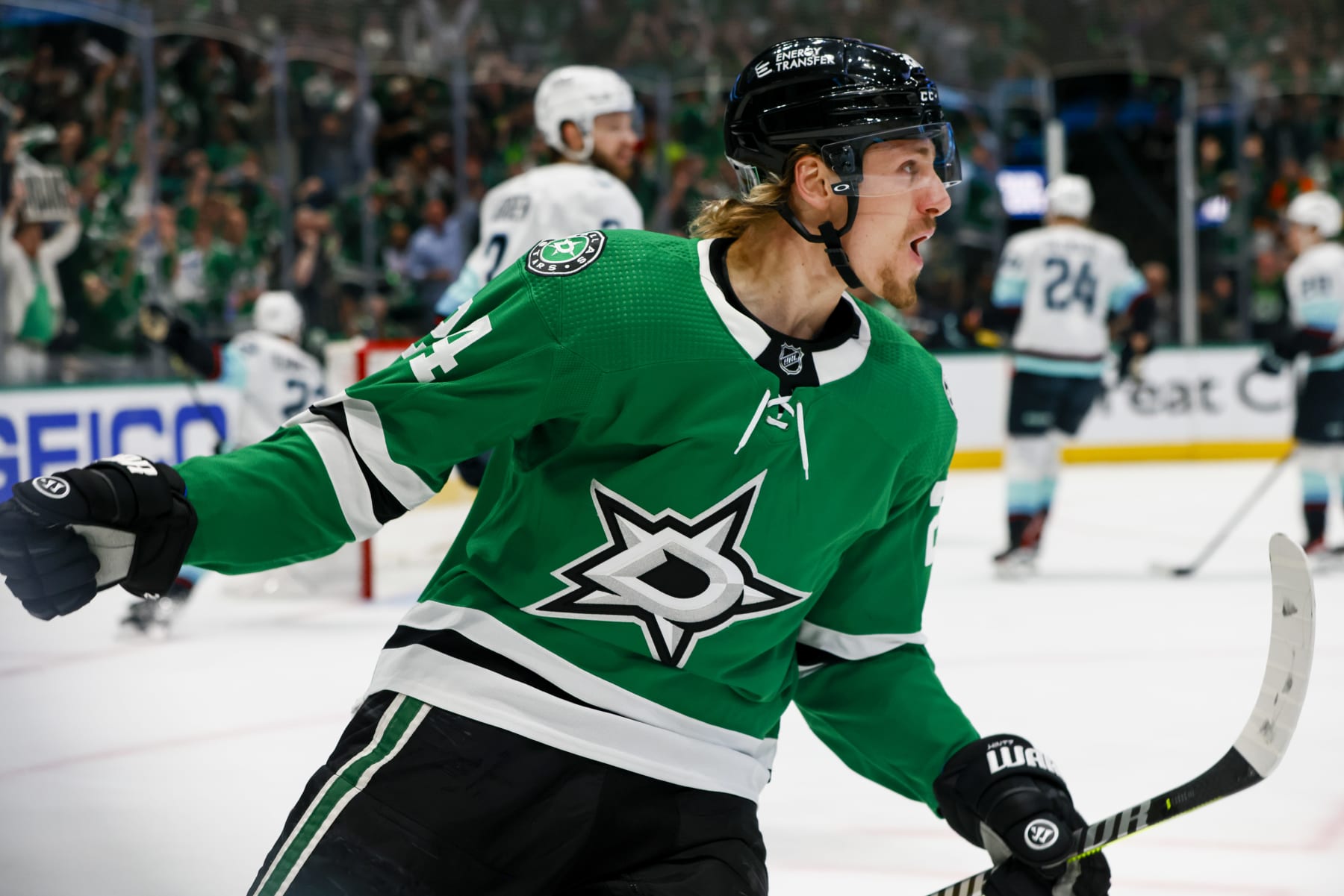 DALLAS, TX - MAY 11: Dallas Stars center Roope Hintz (24) celebrates scoring a goal during the Western Conference Second Round game 5 between the Dallas Stars and the Seattle Kraken on May 11, 2023 at American Airlines Center in Dallas, Texas. (Photo by Matthew Pearce/Icon Sportswire via Getty Images)